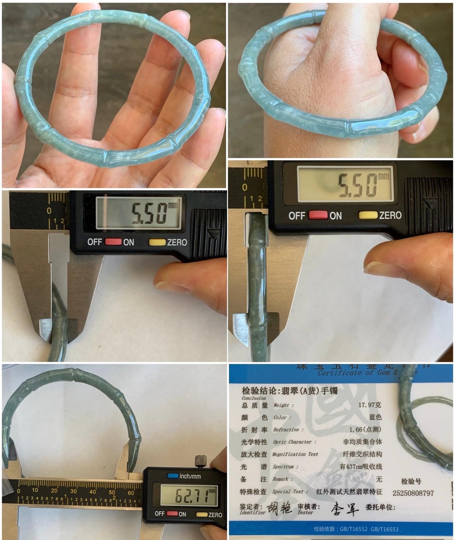 Certified Natural Grade A Guatemalan Icy Translucent Pastel Blue Jade Jadeite Carved Slim Bamboo Bangle 62.7mm 7.75” 17.9g 天然危浅篮翡翠竹节手镯 8797