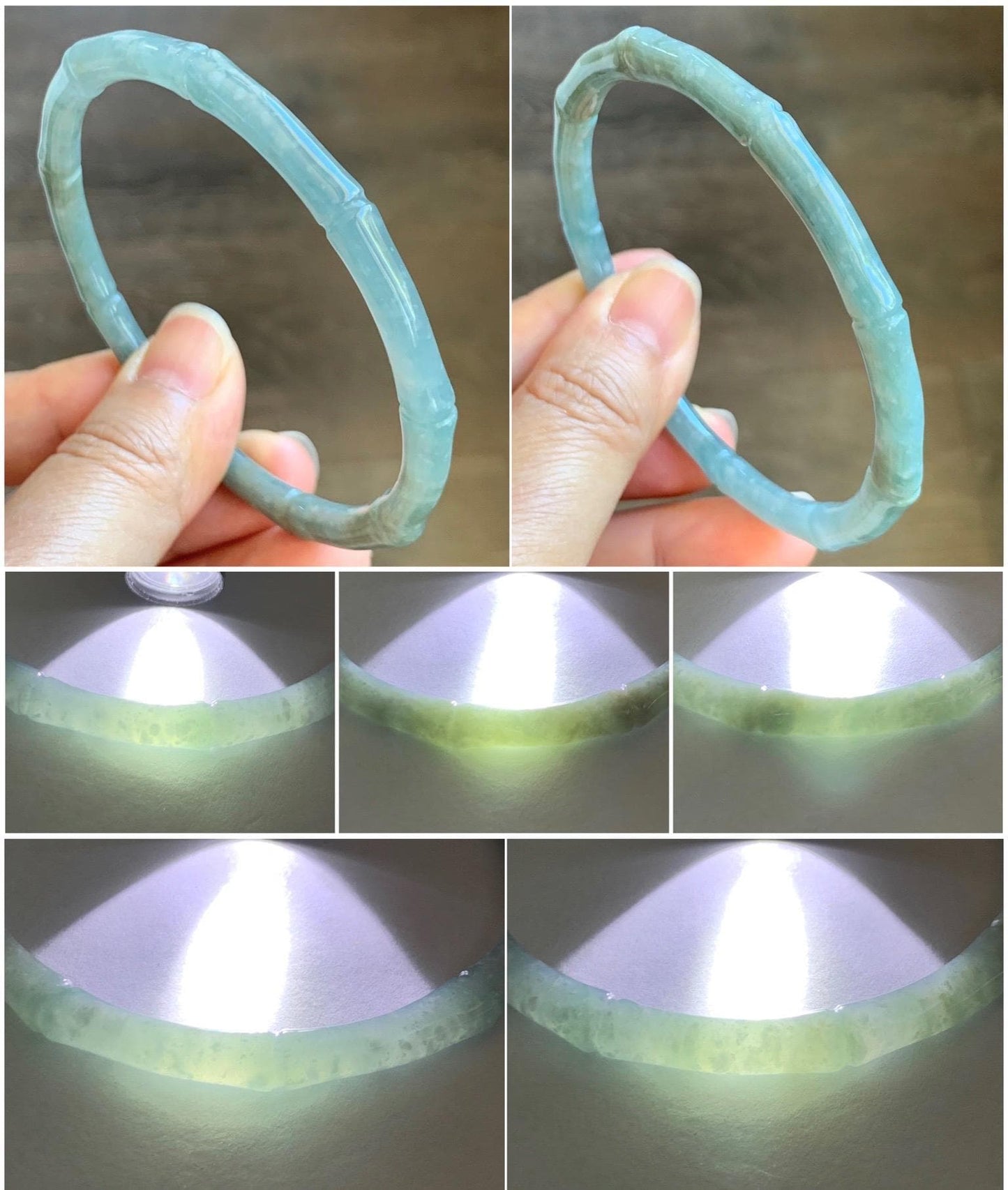 Certified Natural Grade A Guatemalan Icy Translucent Pastel Blue Jade Jadeite Carved Slim Bamboo Bangle 62.7mm 7.75” 17.9g 天然危浅篮翡翠竹节手镯 8797
