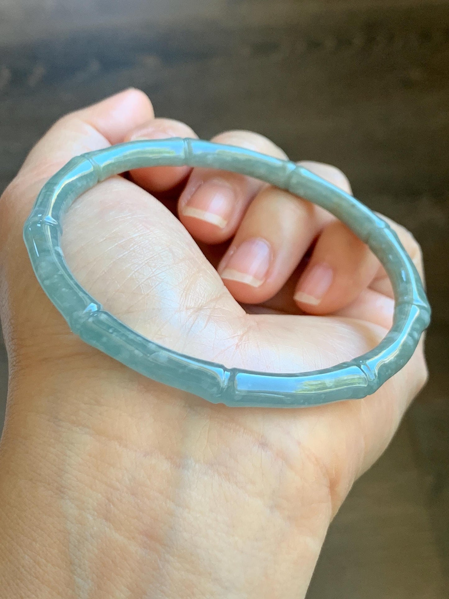 Certified Natural Grade A Guatemalan Icy Translucent Pastel Blue Jade Jadeite Carved Slim Bamboo Bangle 62.7mm 7.75” 17.9g 天然危浅篮翡翠竹节手镯 8797