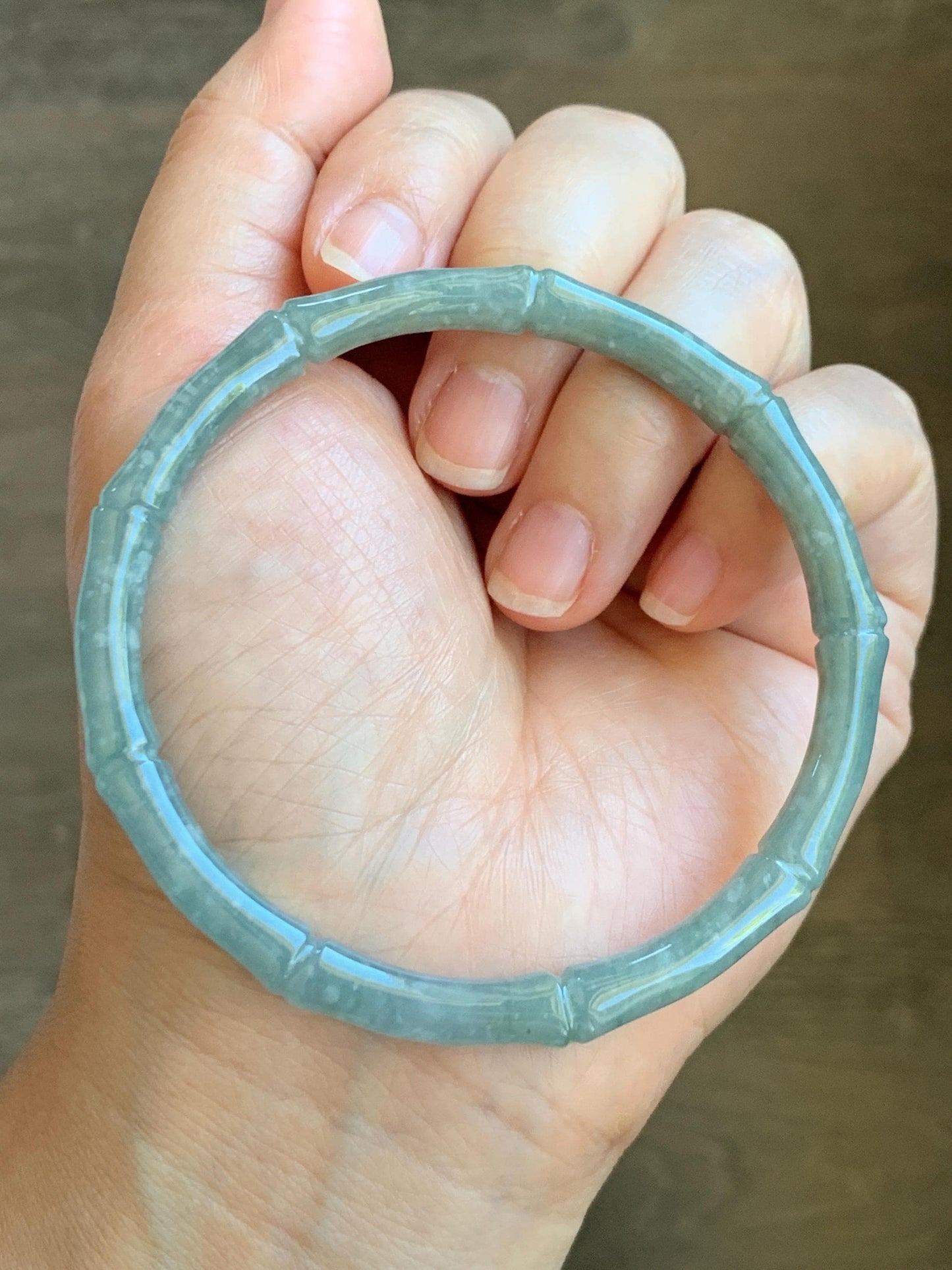 Certified Natural Grade A Guatemalan Icy Translucent Pastel Blue Jade Jadeite Carved Slim Bamboo Bangle 62.54mm 7.7” 19.34g 天然危浅篮翡翠竹节手镯 8798