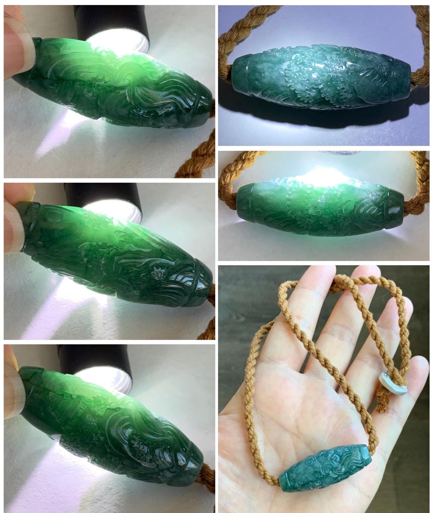 Natural Grade A Guatemalan Icy Translucent Dark Teal Jade Jadeite Engraved Shan Shui Barrel Bead Rope Necklace 19” 天然冰危蓝绿翡翠山水桶珠吊坠 SSHZ-A