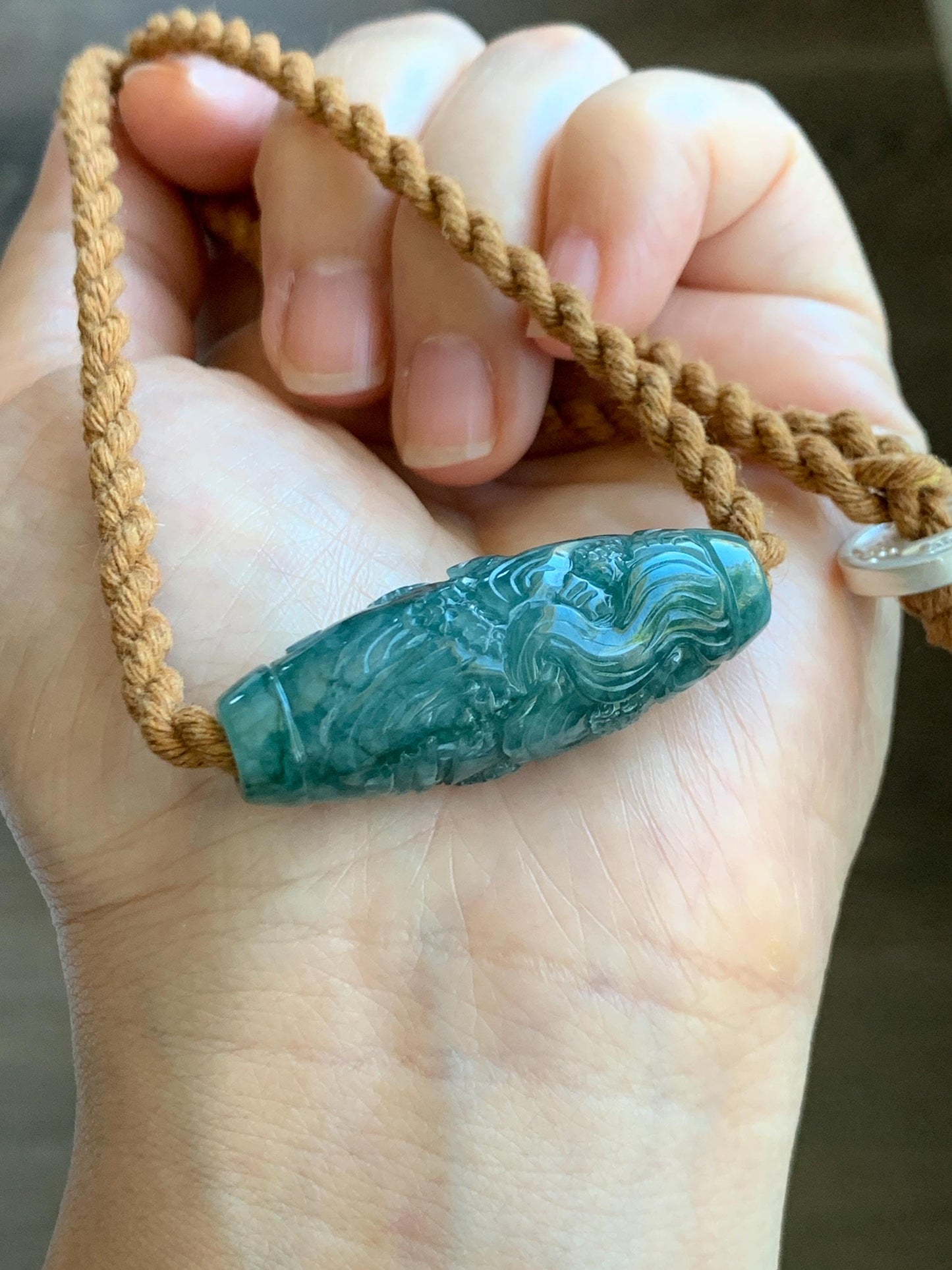 Natural Grade A Guatemalan Icy Translucent Dark Teal Jade Jadeite Engraved Shan Shui Barrel Bead Rope Necklace 19” 天然冰危蓝绿翡翠山水桶珠吊坠 SSHZ-A