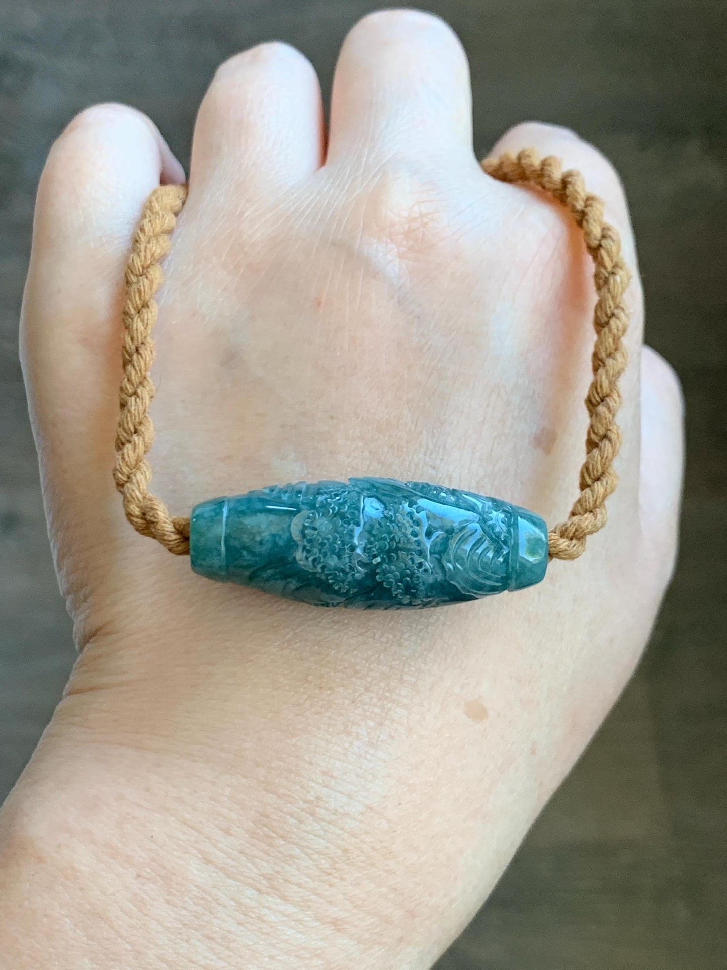 Natural Grade A Guatemalan Icy Translucent Dark Teal Jade Jadeite Engraved Shan Shui Barrel Bead Rope Necklace 19” 天然冰危蓝绿翡翠山水桶珠吊坠 SSHZ-A