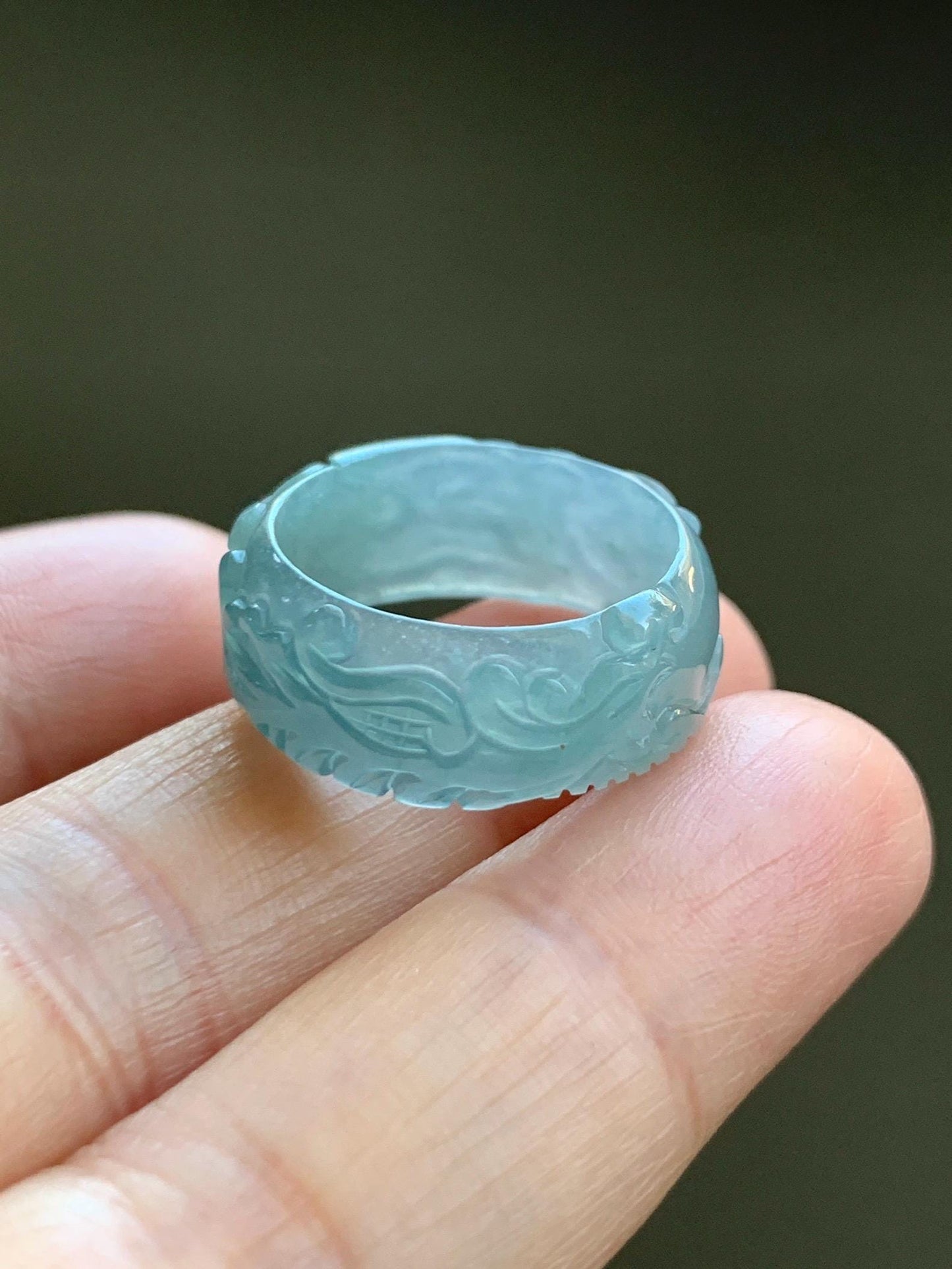 Natural Grade A Guatemalan Icy Highly Translucent Patel Blue Jade Jadeite Carved Phoenix Band Ring size 7.25 US 天然冰胶危淡蓝翡翠凤凰戒圈戒指 QLFH-L