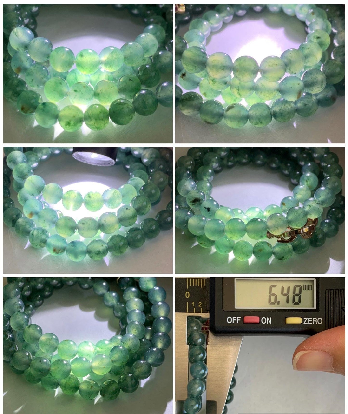 Certified Grade A Natural Guatemalan Icy Highly Translucent Teal Green Marbled Jade Jadeite Beaded Necklace 6.5mm 23.5” 天然高冰危蓝绿飘花翡翠圆珠项链 8752