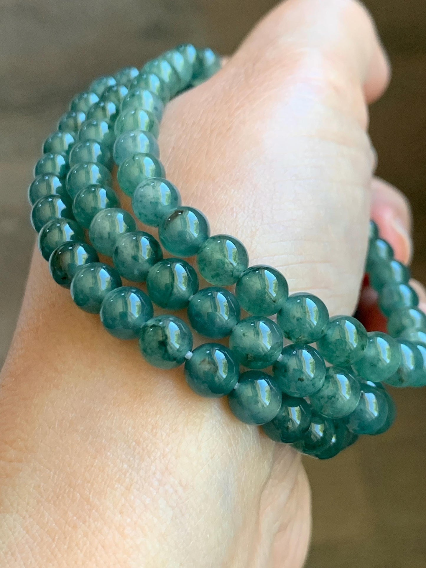 Certified Grade A Natural Guatemalan Icy Highly Translucent Teal Green Marbled Jade Jadeite Beaded Necklace 6.5mm 23.5” 天然高冰危蓝绿飘花翡翠圆珠项链 8752