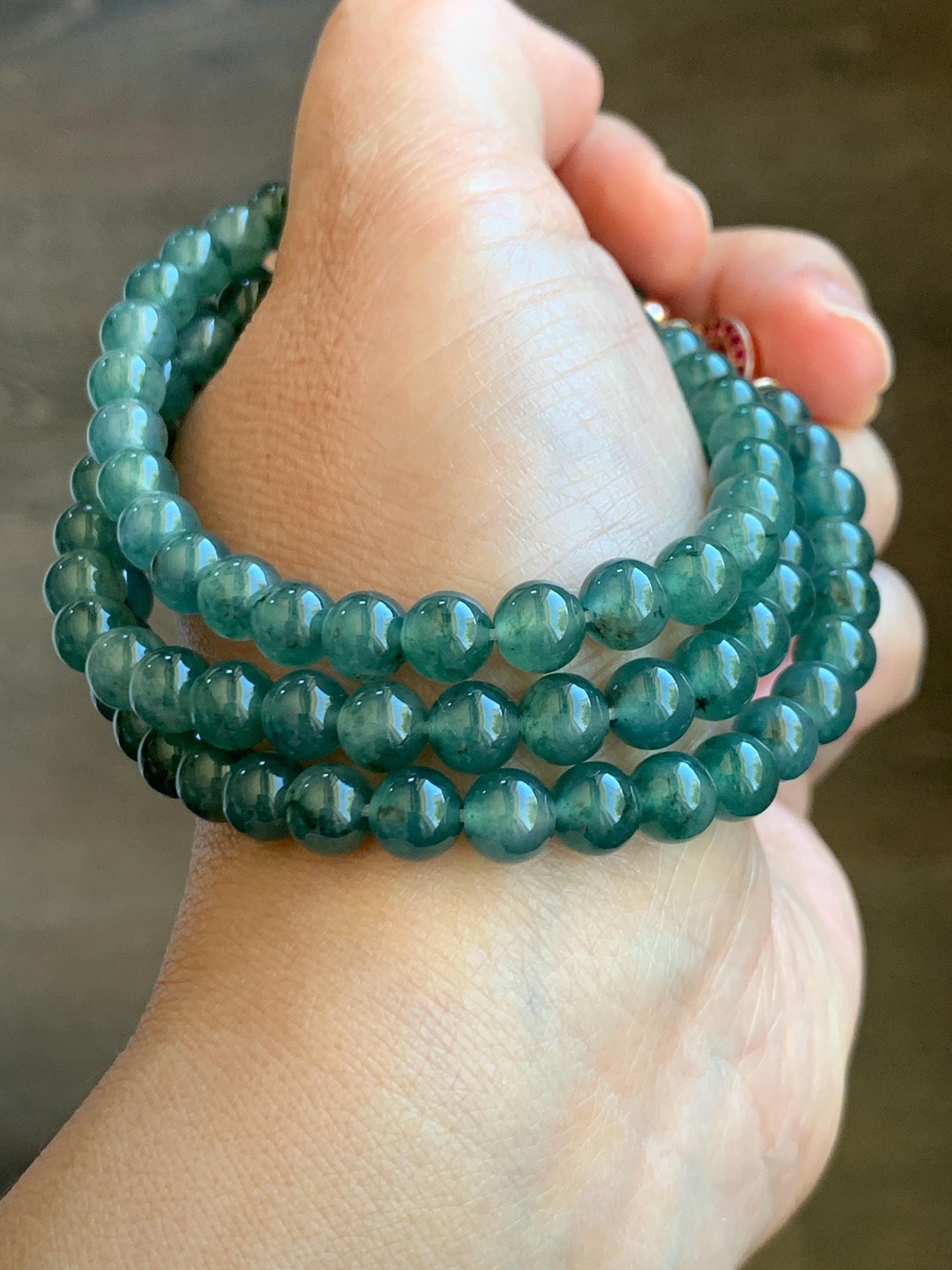 Certified Grade A Natural Guatemalan Icy Highly Translucent Teal Green Marbled Jade Jadeite Beaded Necklace 6.5mm 23.5” 天然高冰危蓝绿飘花翡翠圆珠项链 8752