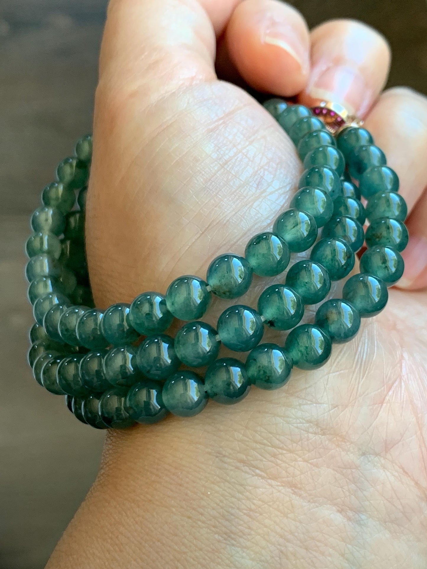 Certified Grade A Natural Guatemalan Icy Highly Translucent Teal Green Marbled Jade Jadeite Beaded Necklace 6.5mm 23.5” 天然高冰危蓝绿飘花翡翠圆珠项链 8752