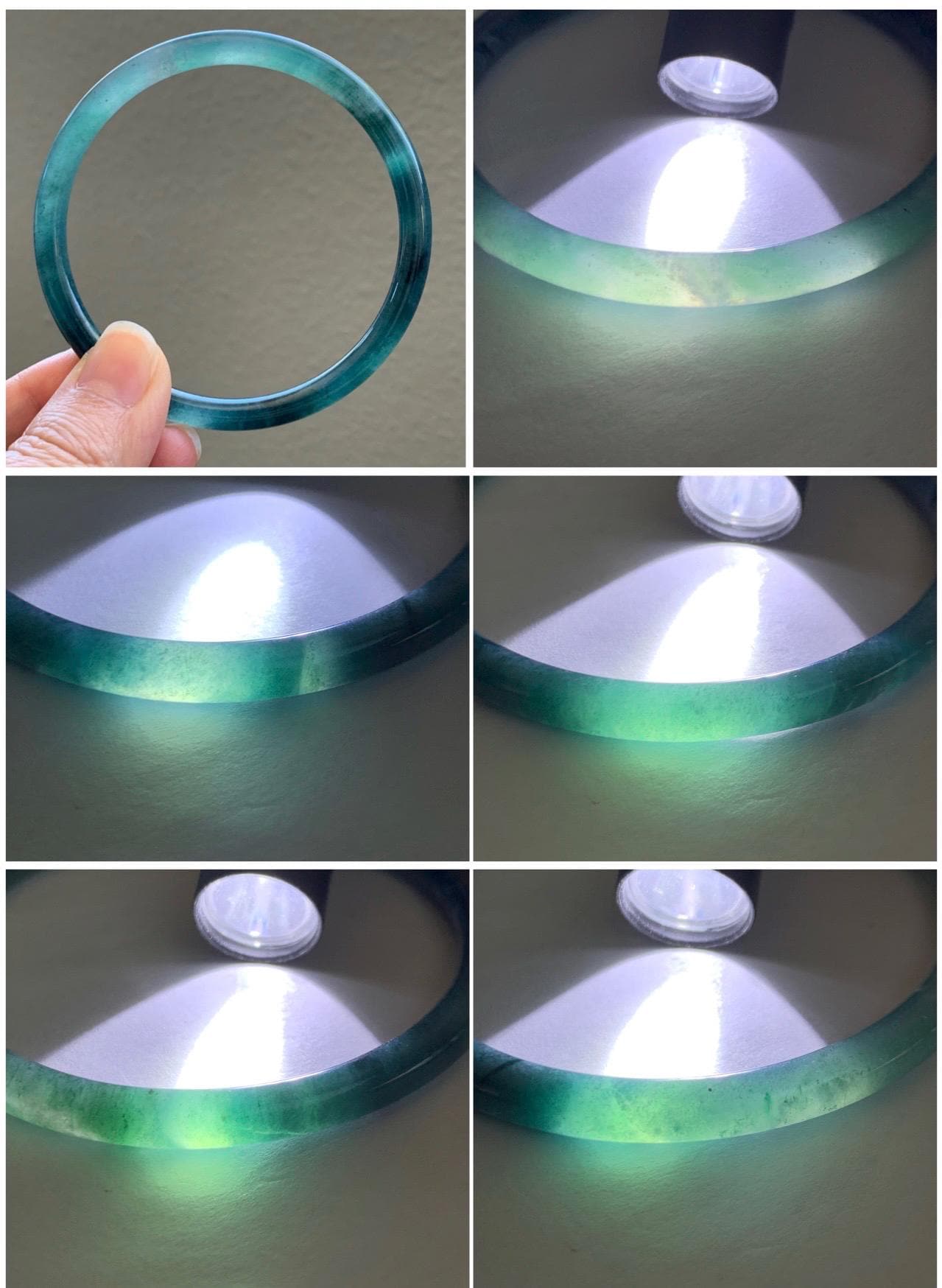 Certified Natural Grade A Guatemalan Icy Translucent Light Green Dark Blue Bicolored Jade Jadeite Bangle 58.7mm 7.25” 天然冰胶危深绿牛仔蓝翡翠细圆条手镯 8792