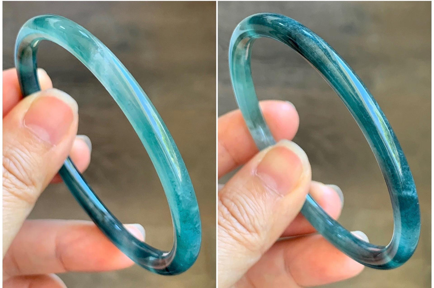Certified Natural Grade A Guatemalan Icy Translucent Light Green Dark Blue Bicolored Jade Jadeite Bangle 58.7mm 7.25” 天然冰胶危深绿牛仔蓝翡翠细圆条手镯 8792