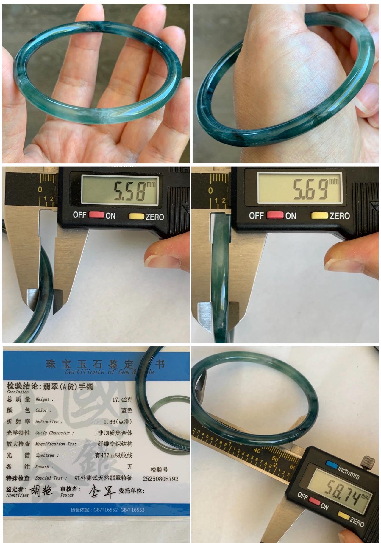 Certified Natural Grade A Guatemalan Icy Translucent Light Green Dark Blue Bicolored Jade Jadeite Bangle 58.7mm 7.25” 天然冰胶危深绿牛仔蓝翡翠细圆条手镯 8792