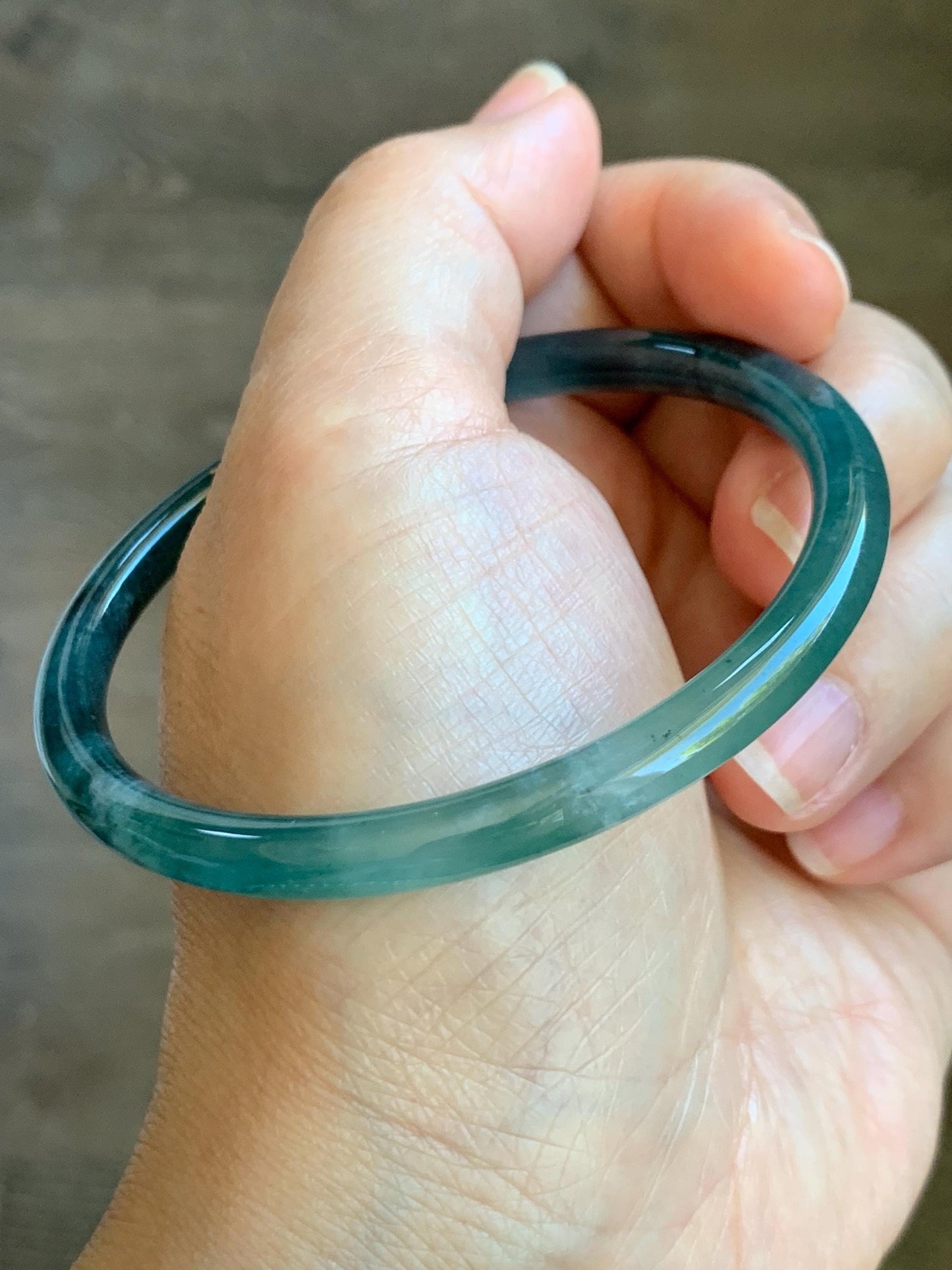 Certified Natural Grade A Guatemalan Icy Translucent Light Green Dark Blue Bicolored Jade Jadeite Bangle 58.7mm 7.25” 天然冰胶危深绿牛仔蓝翡翠细圆条手镯 8792