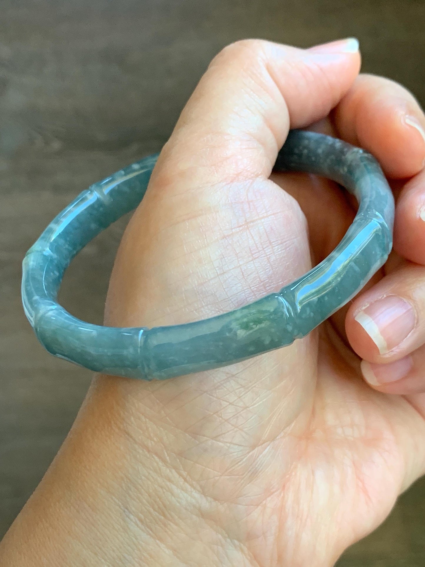 Certified Natural Grade A Guatemalan Icy Translucent Dusty Teal Blue Jade Jadeite Carved Bamboo Bangle 61.89mm 7.65” 37.7g 天然危篮翡翠竹节手镯 8805
