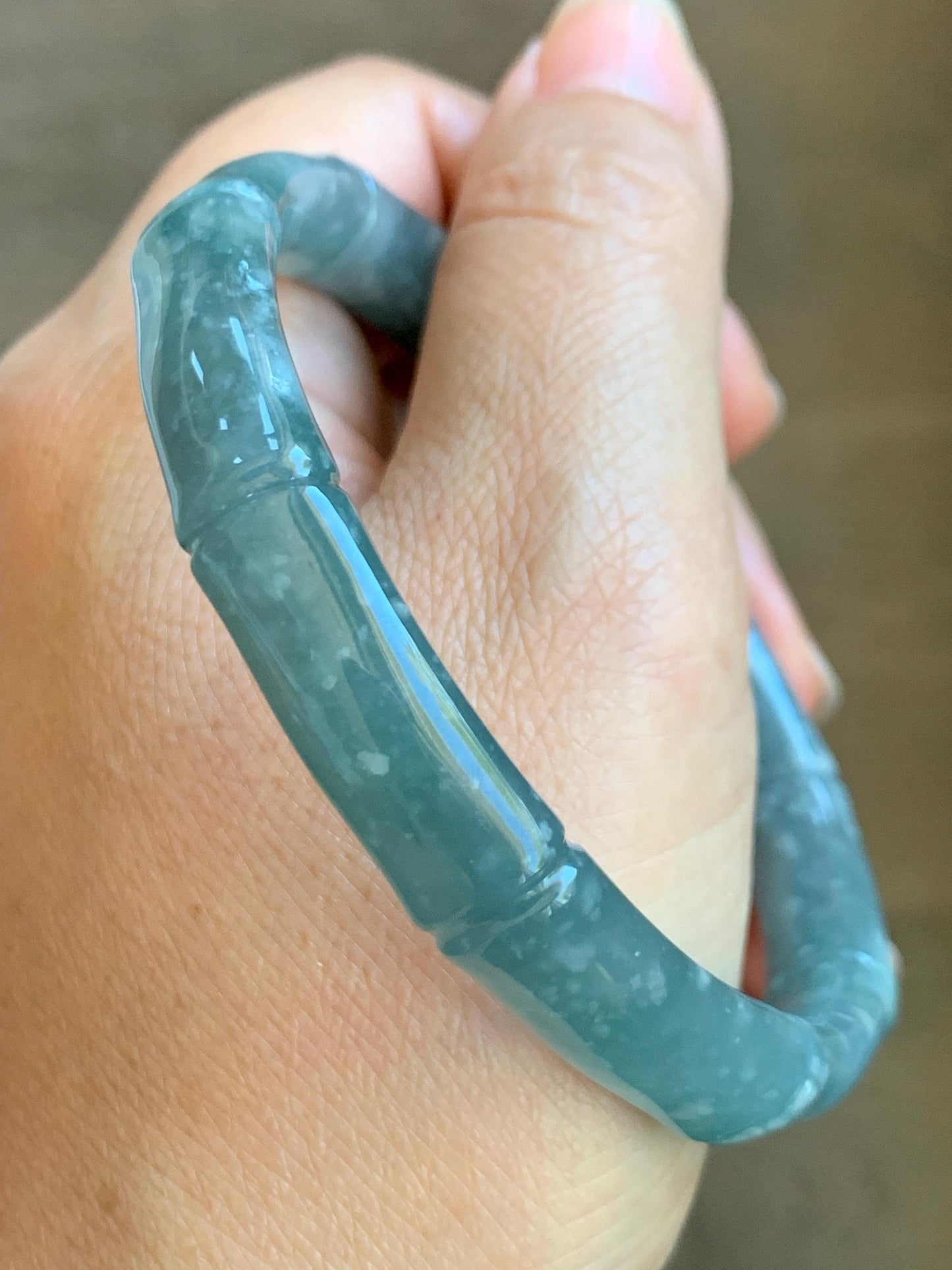 Certified Natural Grade A Guatemalan Icy Translucent Dusty Teal Blue Jade Jadeite Carved Bamboo Bangle 61.89mm 7.65” 37.7g 天然危篮翡翠竹节手镯 8805