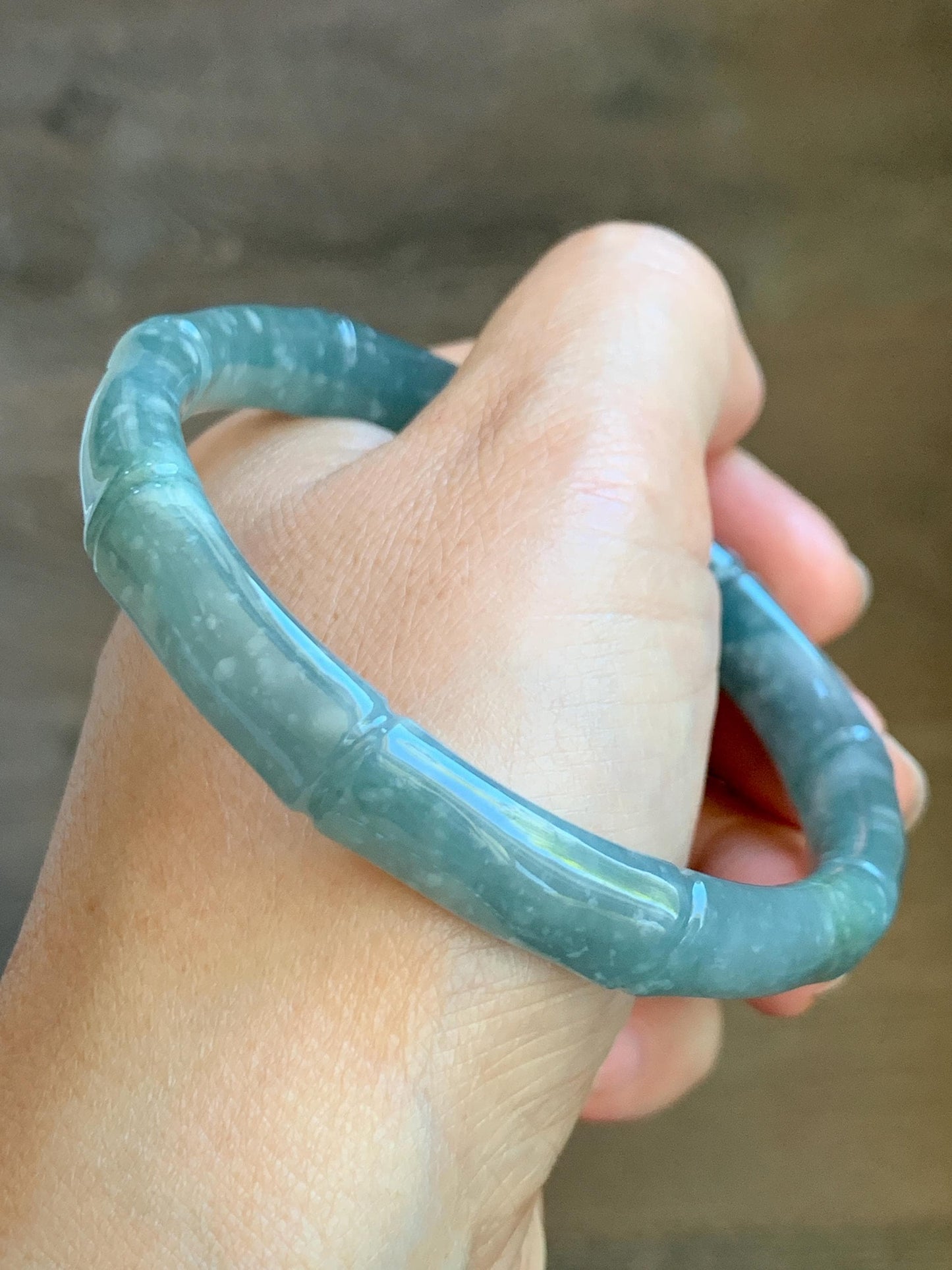 Certified Natural Grade A Guatemalan Icy Translucent Dusty Teal Blue Jade Jadeite Carved Bamboo Bangle 61.89mm 7.65” 37.7g 天然危篮翡翠竹节手镯 8805