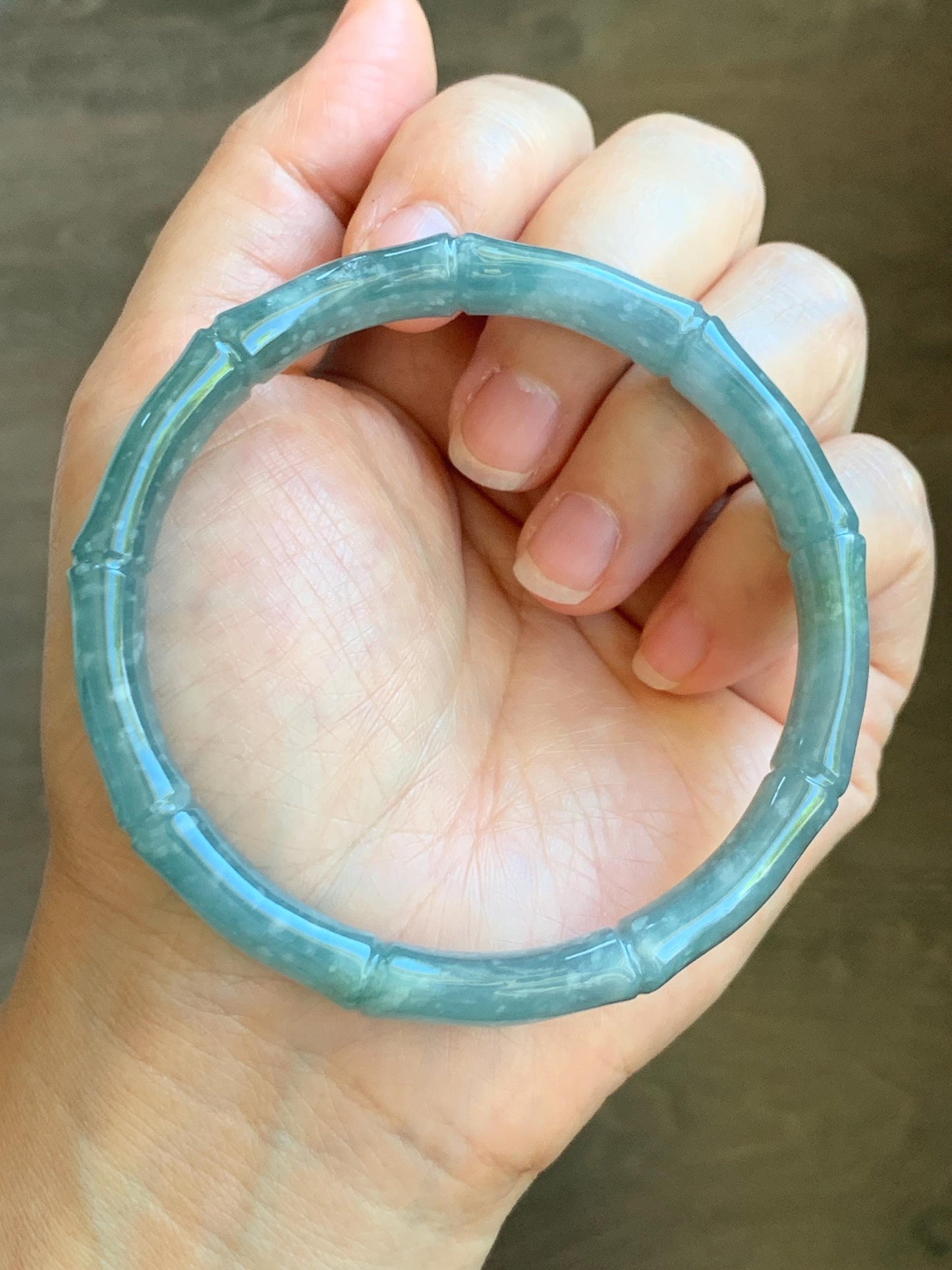 Certified Natural Grade A Guatemalan Icy Translucent Dusty Teal Blue Jade Jadeite Carved Bamboo Bangle 61.89mm 7.65” 37.7g 天然危篮翡翠竹节手镯 8805