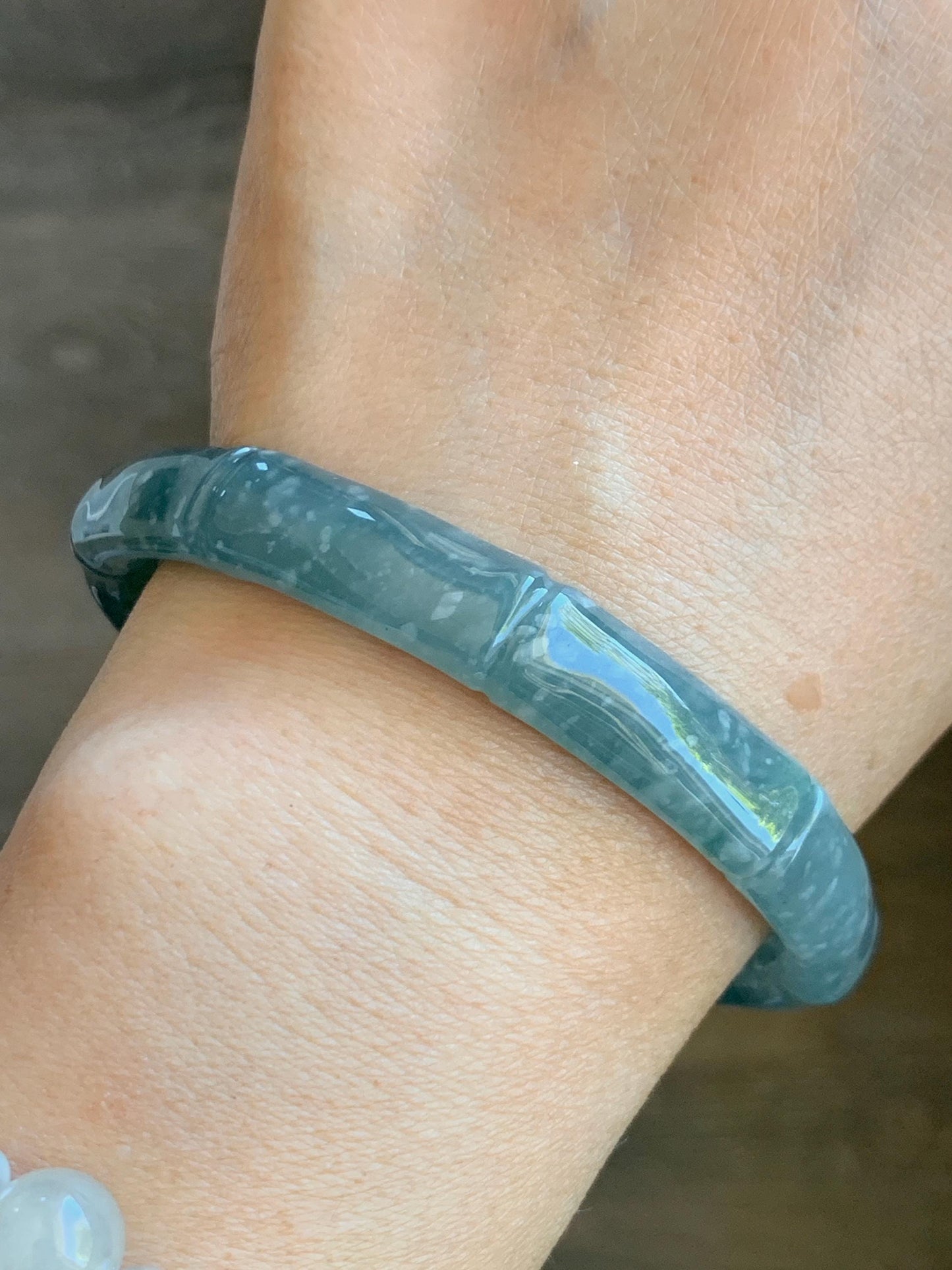 Certified Natural Grade A Guatemalan Icy Translucent Dusty Teal Blue Jade Jadeite Carved Bamboo Bangle 61.89mm 7.65” 37.7g 天然危篮翡翠竹节手镯 8805