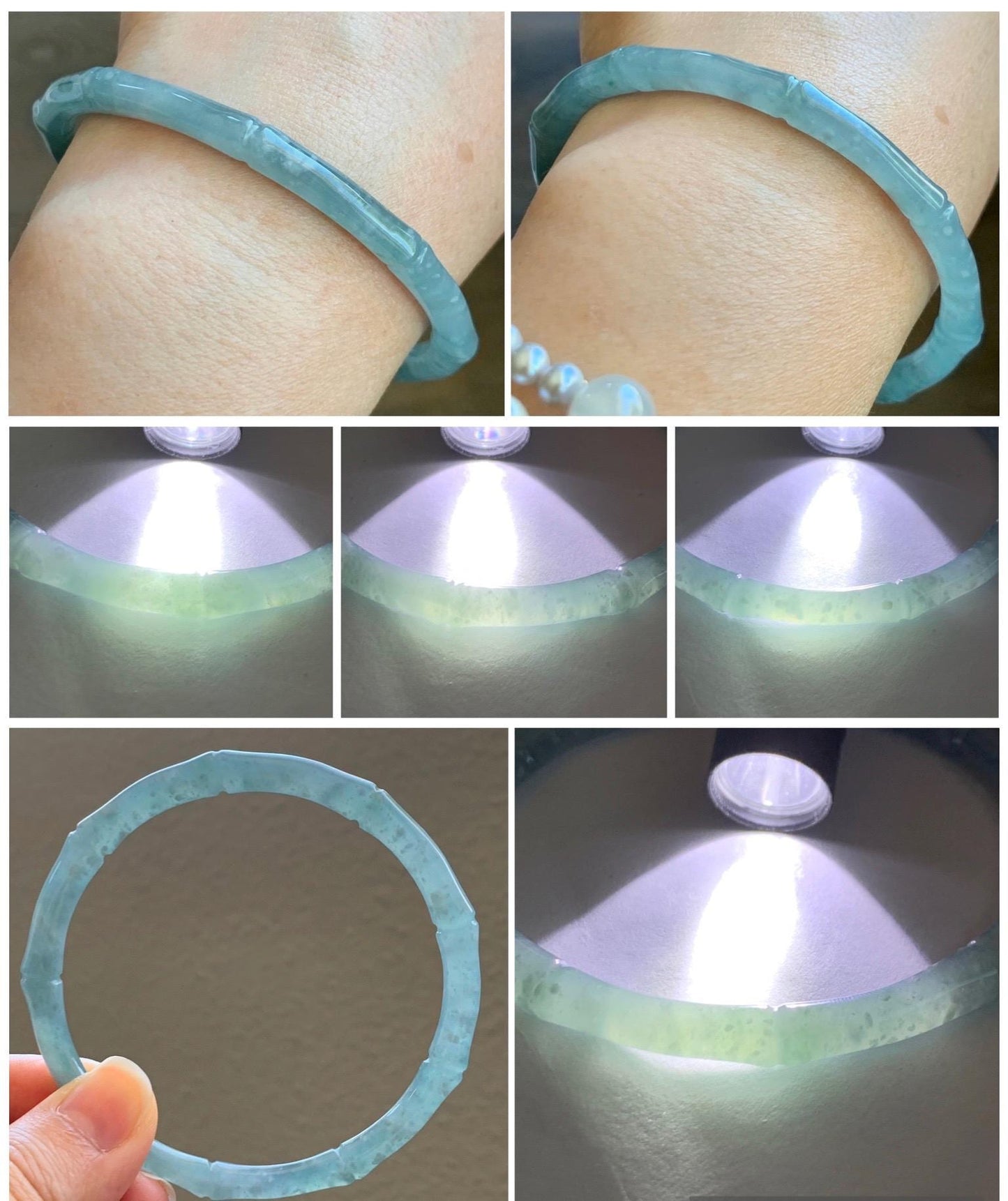 Certified Natural Grade A Guatemalan Icy Translucent Light Blue Jade Jadeite Carved Slim Bamboo Bangle 62.1mm 7.68” 17.87g 天然危浅篮翡翠竹节手镯 8796