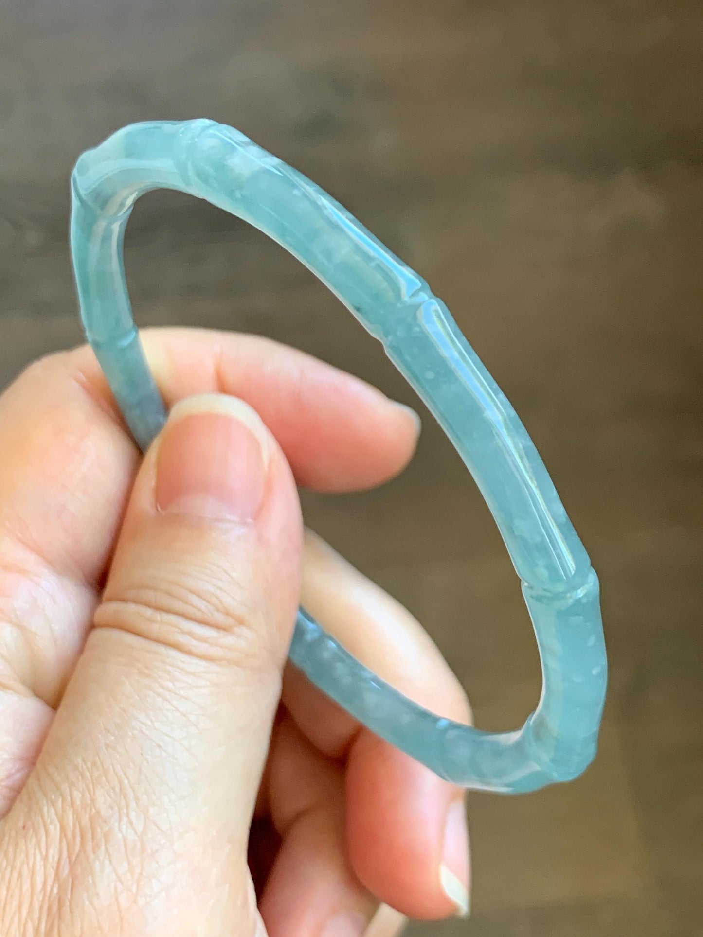 Certified Natural Grade A Guatemalan Icy Translucent Light Blue Jade Jadeite Carved Slim Bamboo Bangle 62.1mm 7.68” 17.87g 天然危浅篮翡翠竹节手镯 8796