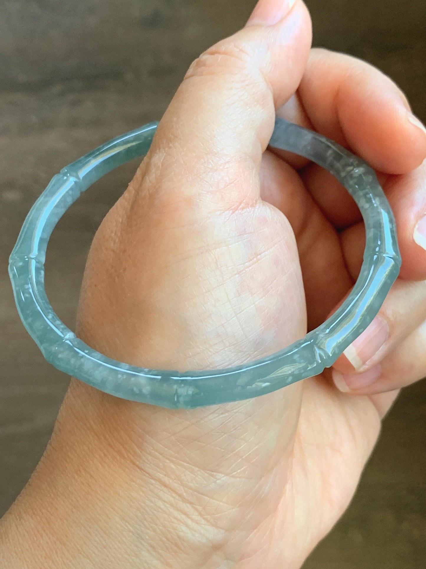 Certified Natural Grade A Guatemalan Icy Translucent Light Blue Jade Jadeite Carved Slim Bamboo Bangle 62.1mm 7.68” 17.87g 天然危浅篮翡翠竹节手镯 8796