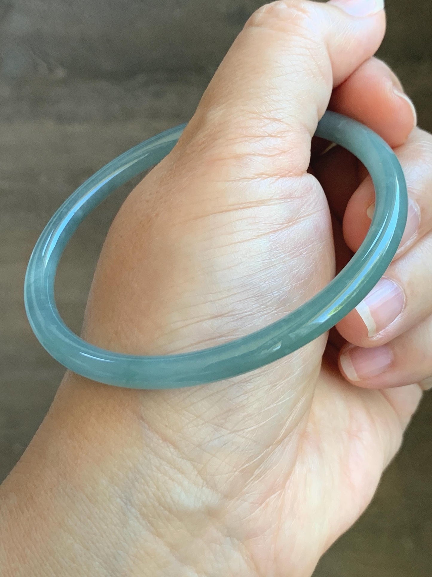 Certified Natural Grade A Guatemalan Icy Translucent Dusty Teal Blue Jade Jadeite Slim Bangle 62.5mm 7.72” 8791 天然冰胶危暗蓝翡翠细圆条手镯 8791