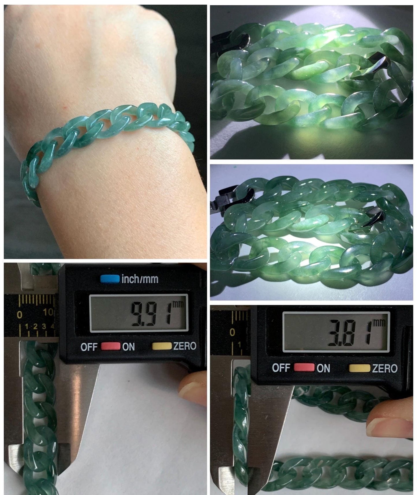 Natural Grade A Guatemalan Icy Translucent Light Green Jade Jadeite Carved Curb Chain Bracelet Stainless Steel 7” 12g 天然冰胶危浅绿翡翠链手链 CBW108