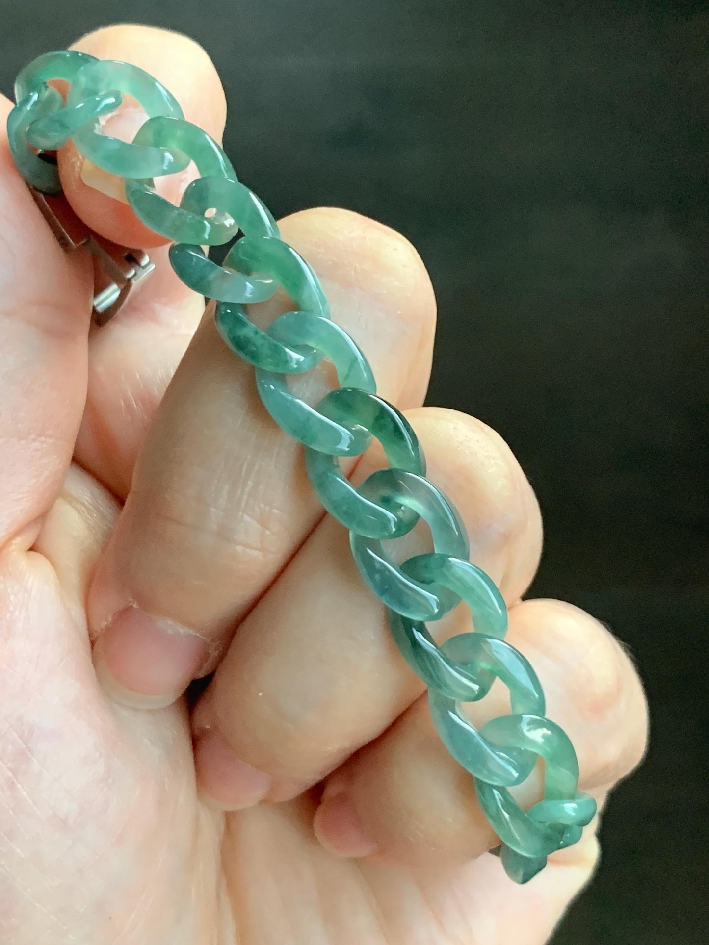 Natural Grade A Guatemalan Icy Translucent Light Green Jade Jadeite Carved Curb Chain Bracelet Stainless Steel 7” 12g 天然冰胶危浅绿翡翠链手链 CBW108