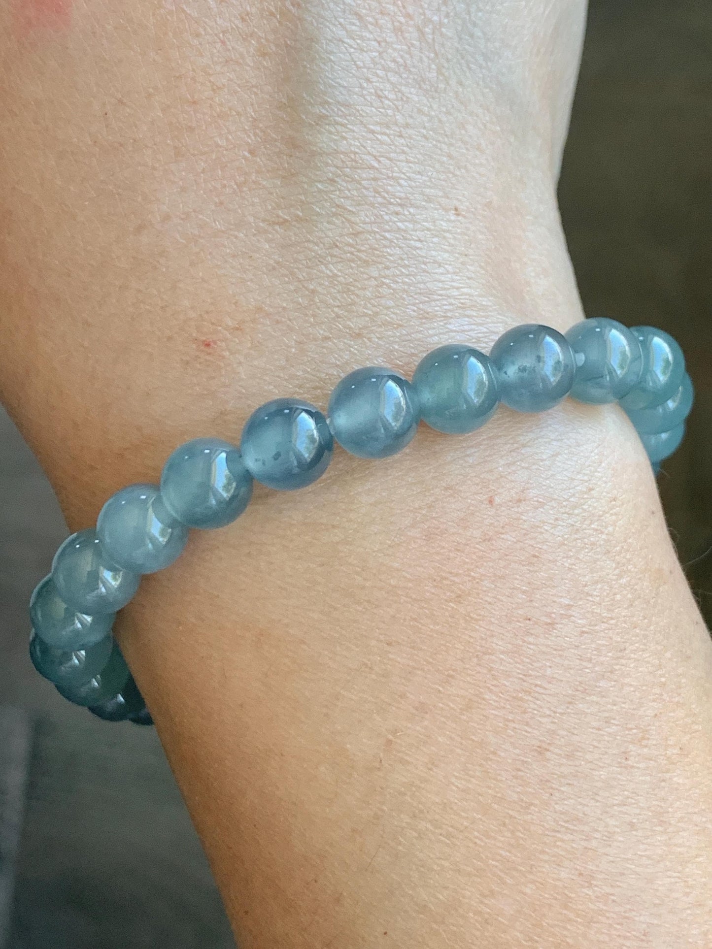 Natural Grade A Guatemalan Icy Highly Translucent Light Teal Blue Jadeite Beaded Bracelet 7.8mm 7.25” 20g 天然冰危浅蓝水翡翠手串 QWL450A