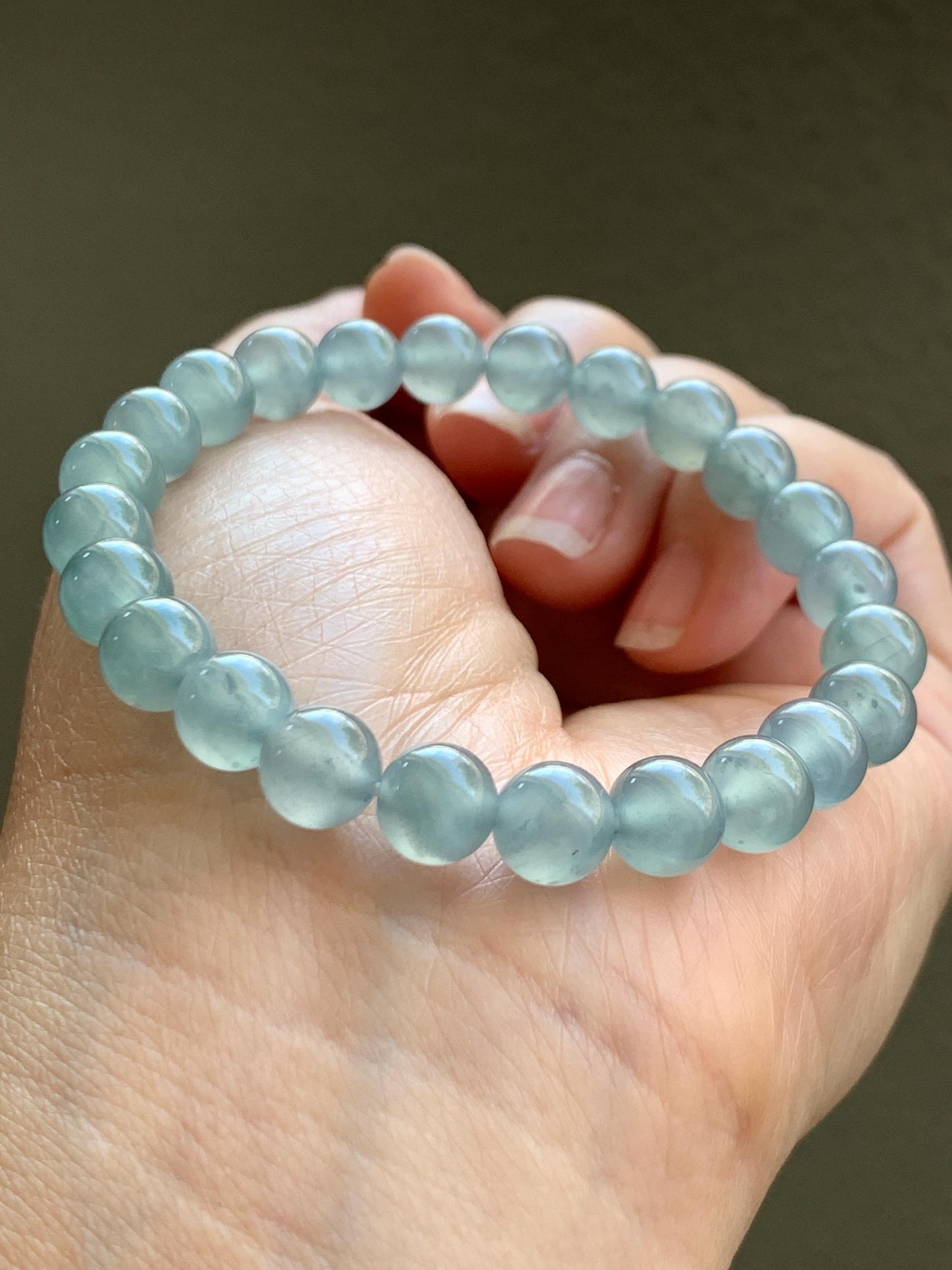 Natural Grade A Guatemalan Icy Highly Translucent Light Teal Blue Jadeite Beaded Bracelet 7.8mm 6.75” 19g 天然冰危浅蓝水翡翠手串 QWL450B