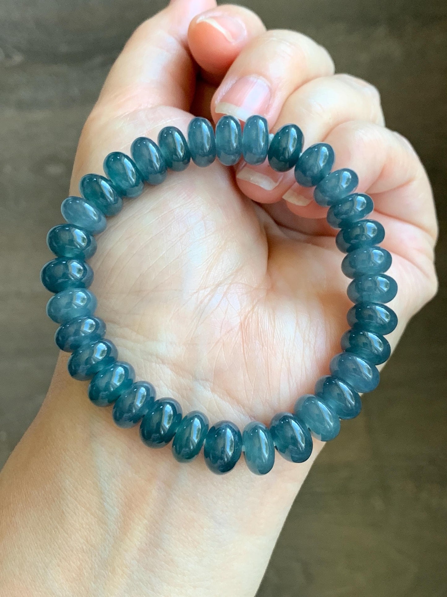 Natural Grade A Guatemalan Icy Translucent Dark Dusty Blue Jade Jadeite Drum Beads Beaded Bracelet Stretchy 7.25” 36g 天然冰危蓝水翡翠鼓珠手串 WNZ305A