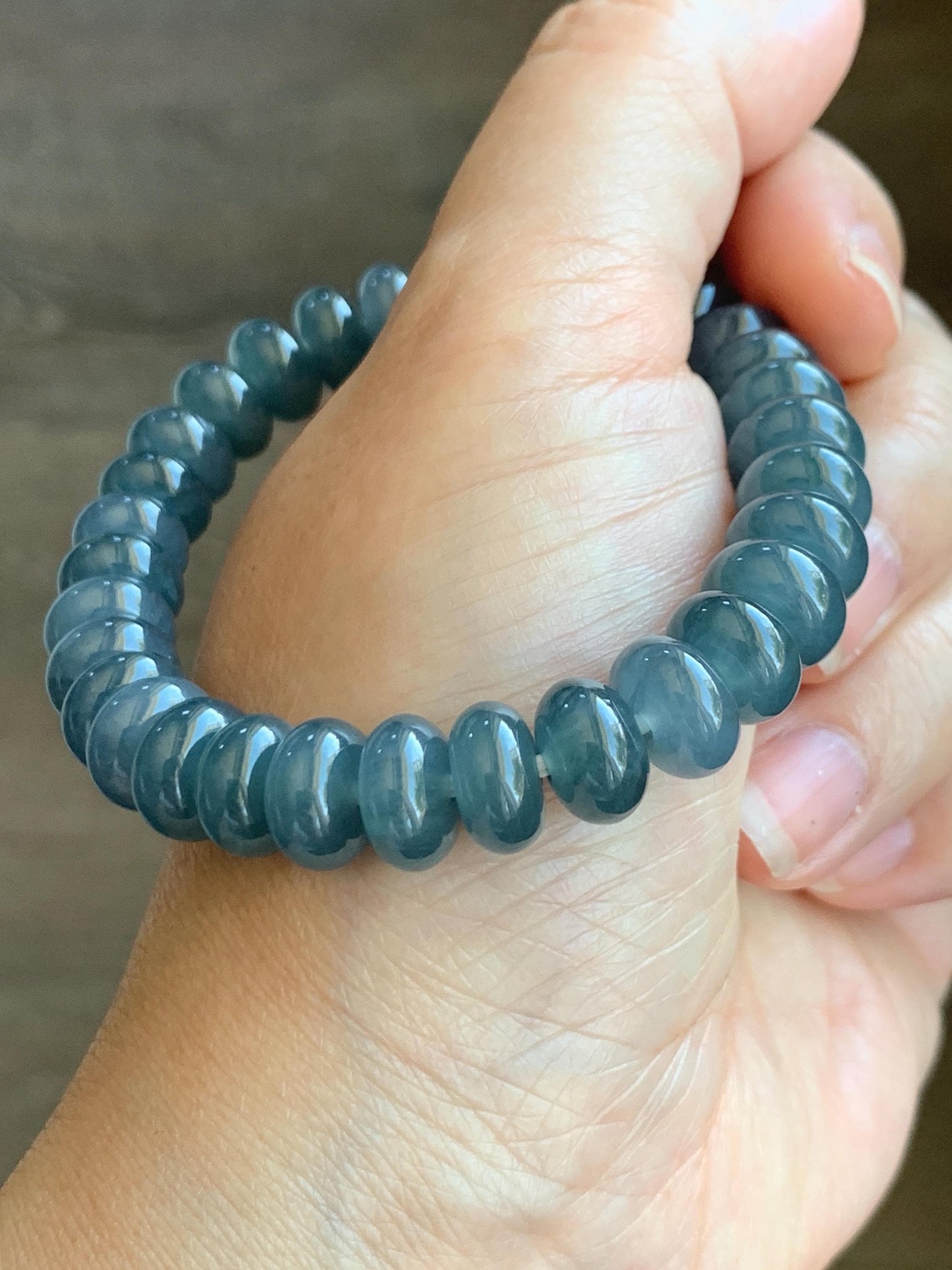 Natural Grade A Guatemalan Icy Translucent Dark Dusty Blue Jade Jadeite Drum Beads Beaded Bracelet Stretchy 7” 35g 天然冰危蓝水翡翠鼓珠手串 WNZ305B