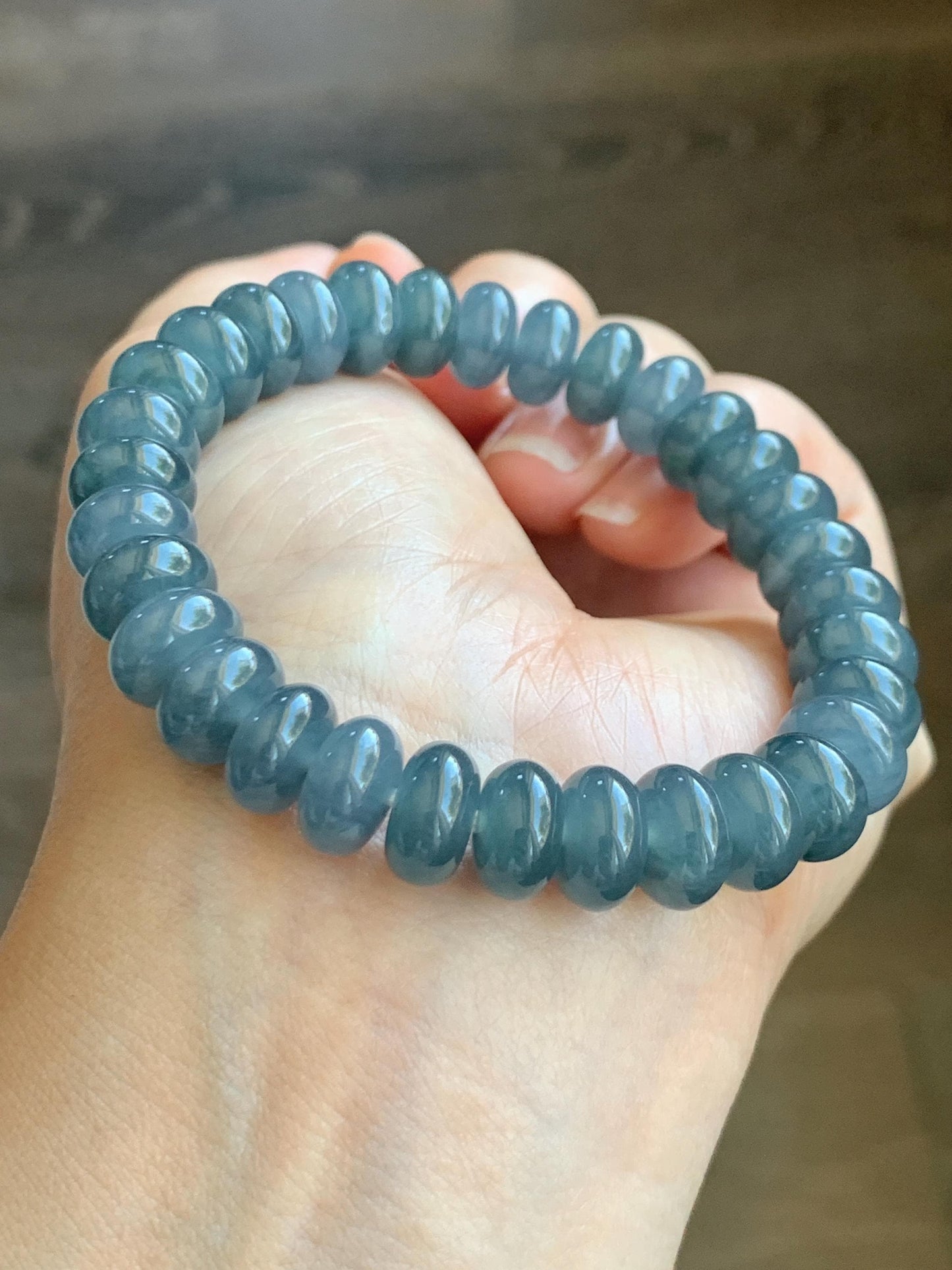 Natural Grade A Guatemalan Icy Translucent Dark Dusty Blue Jade Jadeite Drum Beads Beaded Bracelet Stretchy 7” 35g 天然冰危蓝水翡翠鼓珠手串 WNZ305B