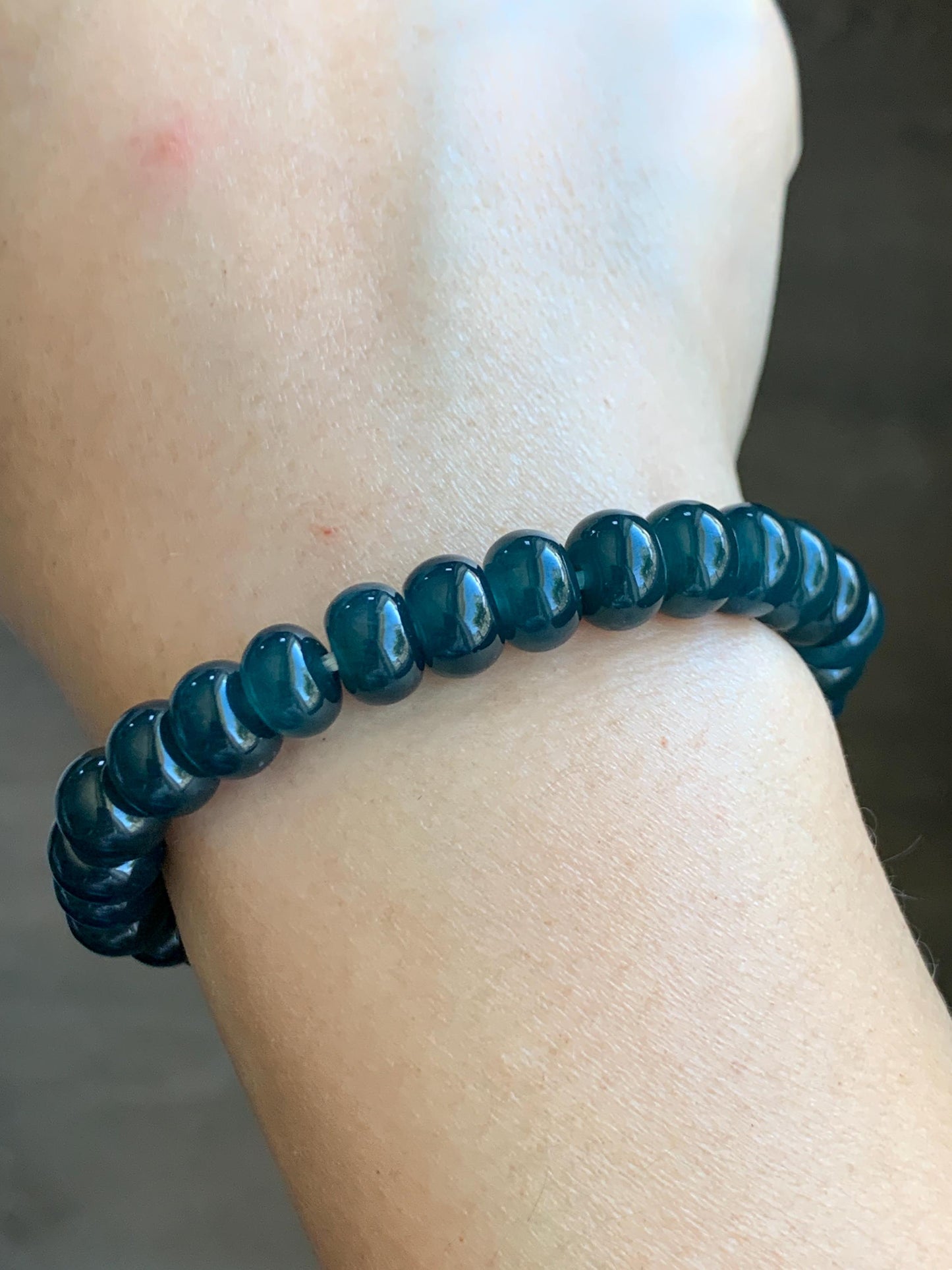 Natural Grade A Guatemalan Icy Translucent Dark Aegean Blue Jade Jadeite Flat Beads Beaded Bracelet Stretchy 7.25” 天然冰危蓝深牛仔蓝翡翠算盘珠手串 SWLP150