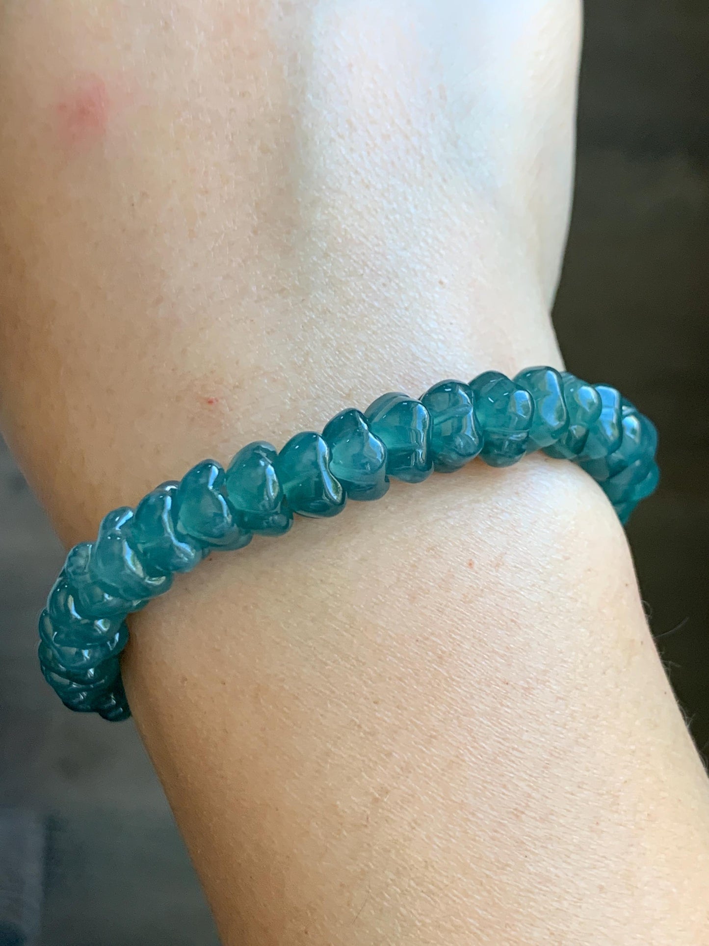 Natural Grade A Icy Translucent Gelatinous Jade Jadeite Carved Osmanthus Flower Beads Beaded Bracelet 6.75” 23g 天然冰胶危蓝翡翠桂花珠手串 WLGH308