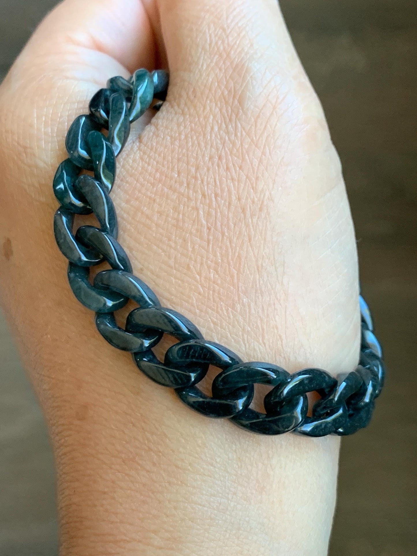 Natural Grade A Guatemalan Icy Translucent Wuji Jade Jadeite Carved Curb Chain Bracelet Stainless Steel 7.25” 15g 天然冰胶危乌鸡翡翠链手链 CBW108B