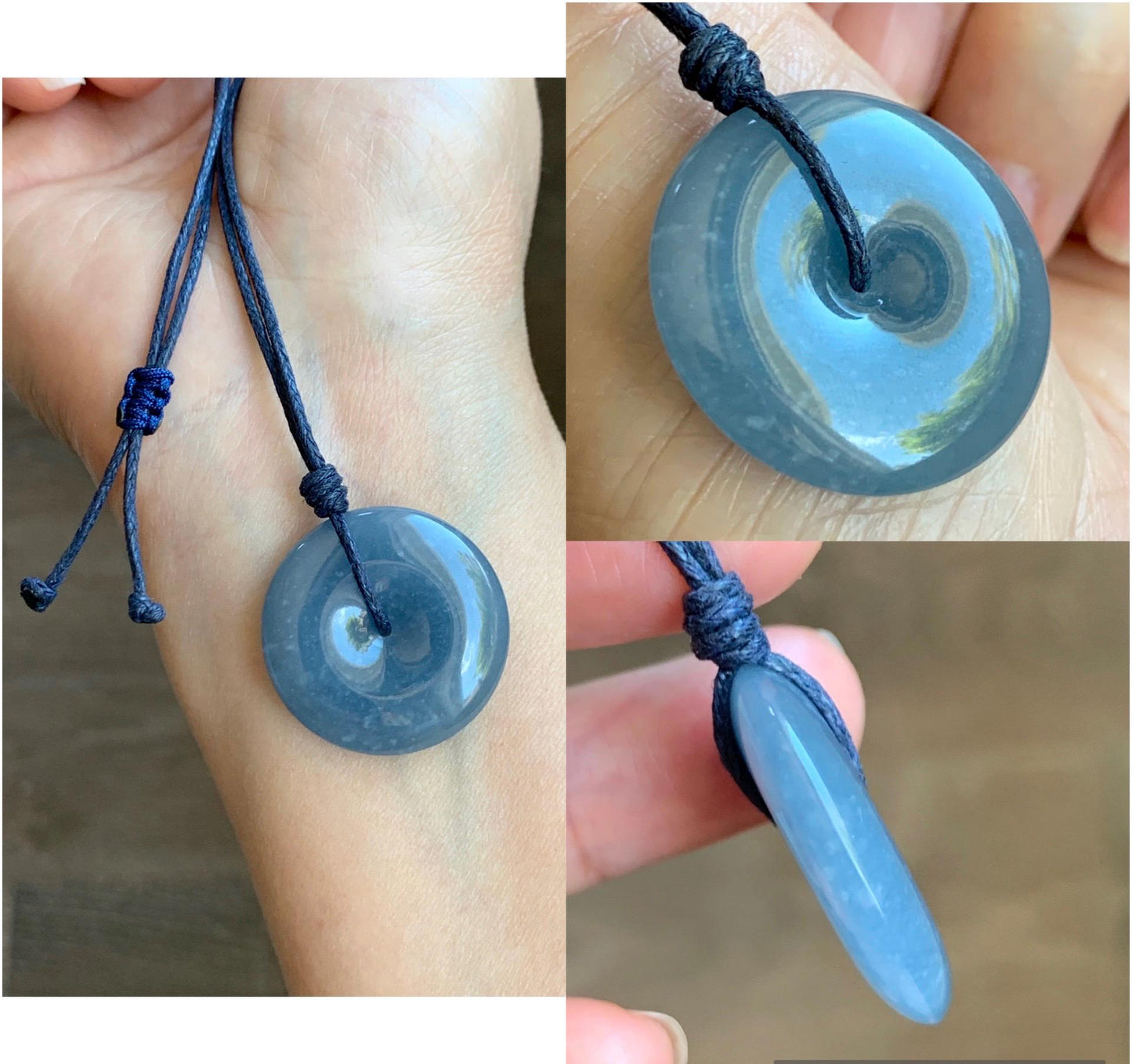 Certified Natural Grade A Guatemalan Icy Translucent Blueberry Jade Jadeite Ping An Kou Donut Pendant Rope Necklace 天然冰危蓝莓紫平安扣吊坠 8742
