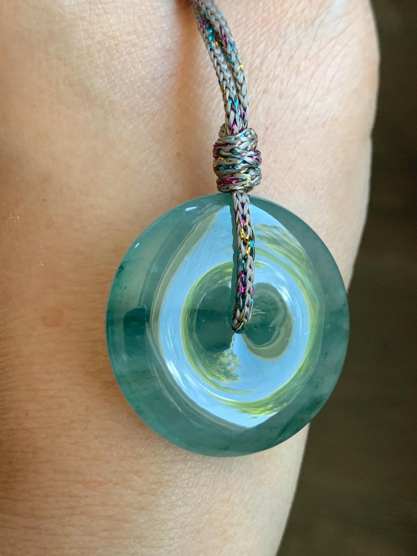 Certified Natural Grade A Guatemalan Icy Translucent Teal Green Jade Jadeite Ping An Kou Donut Pendant Rope Necklace 天然冰胶危飘花翡翠平安扣吊坠 8744