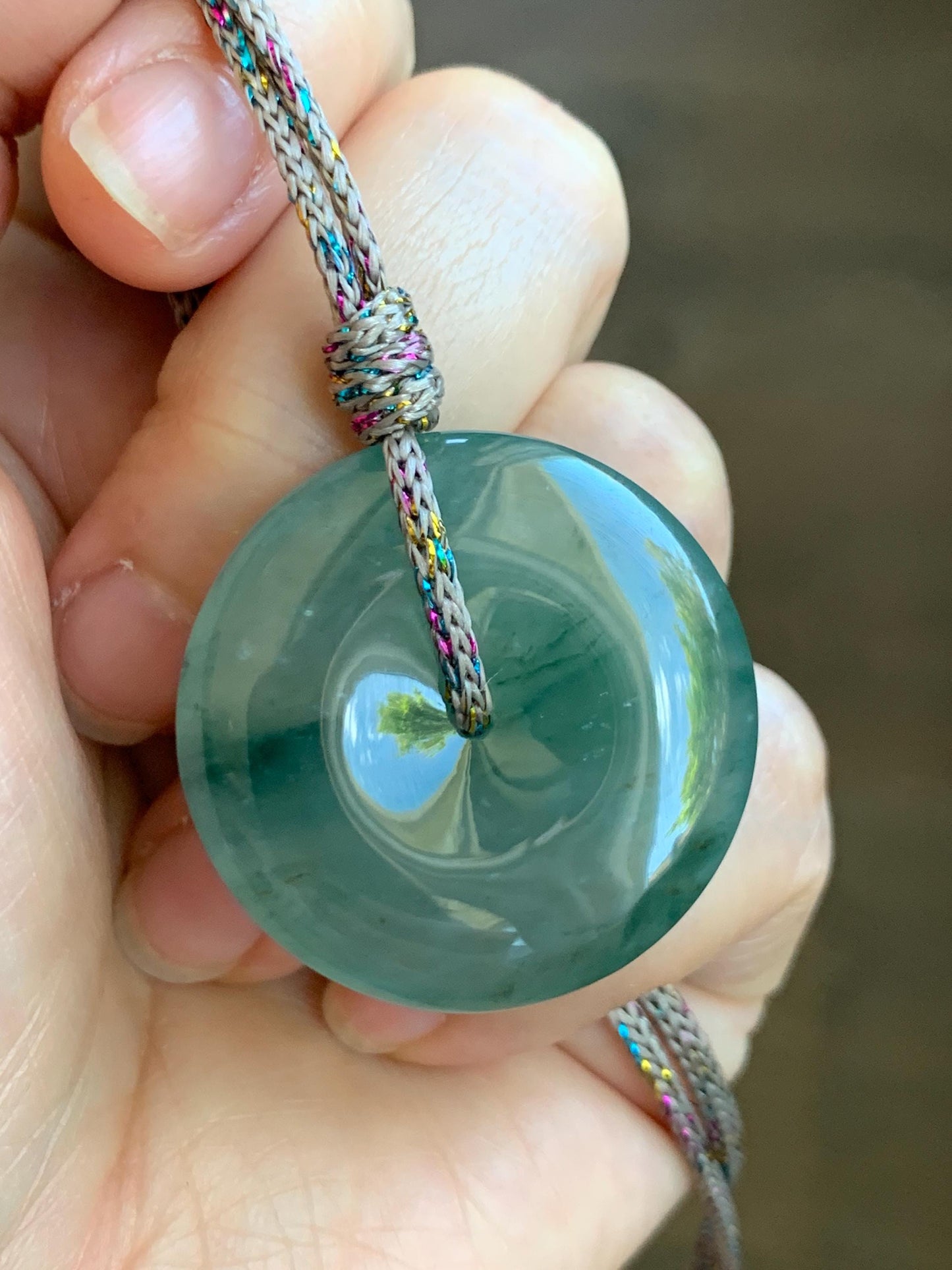 Certified Natural Grade A Guatemalan Icy Translucent Teal Green Jade Jadeite Ping An Kou Donut Pendant Rope Necklace 天然冰胶危飘花翡翠平安扣吊坠 8744
