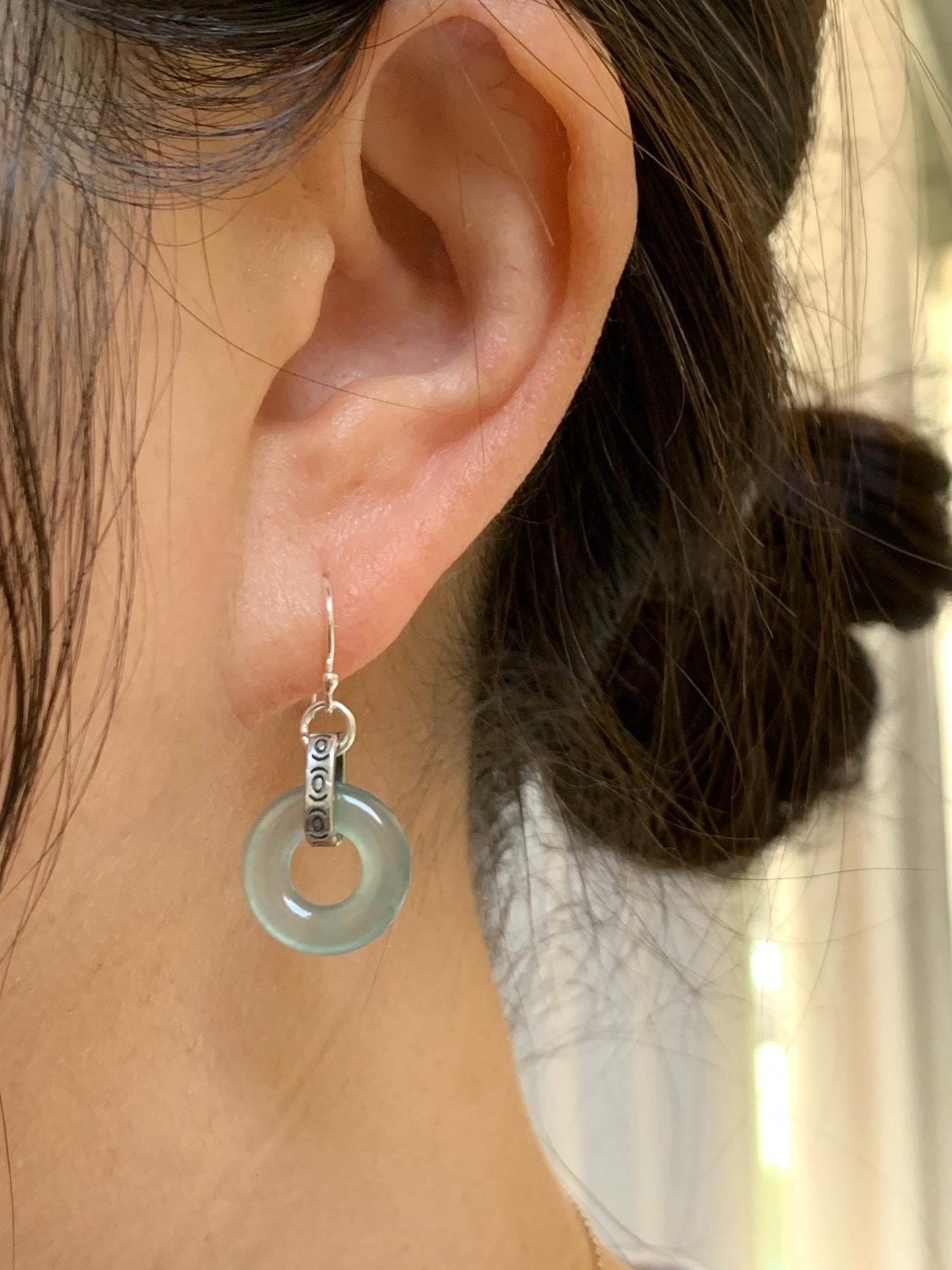 Natural Grade A Guatemalan Icy Highly Translucent Teal Jade Jadeite Ping An Kou Donut Ring Earrings Sterling Silver 天然起光冰危淡晴翡翠平安扣耳钩 GWK80A