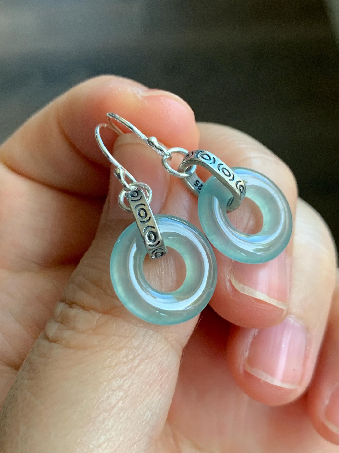 Natural Grade A Guatemalan Icy Highly Translucent Teal Jade Jadeite Ping An Kou Donut Ring Earrings Sterling Silver 天然起光冰危淡晴翡翠平安扣耳钩 GWK80A