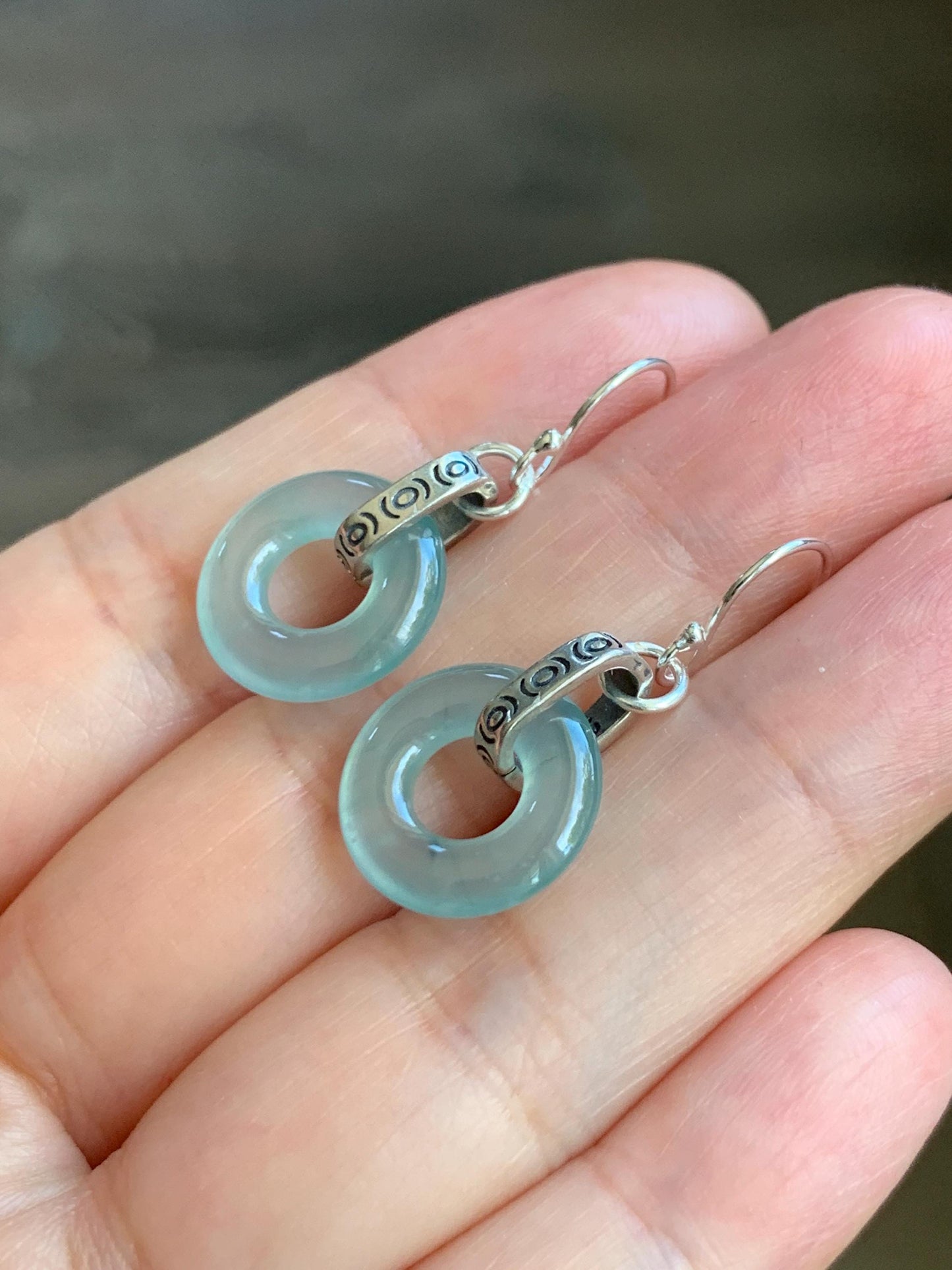 Natural Grade A Guatemalan Icy Highly Translucent Teal Jade Jadeite Ping An Kou Donut Ring Earrings Sterling Silver 天然起光冰危淡晴翡翠平安扣耳钩 GWK80A