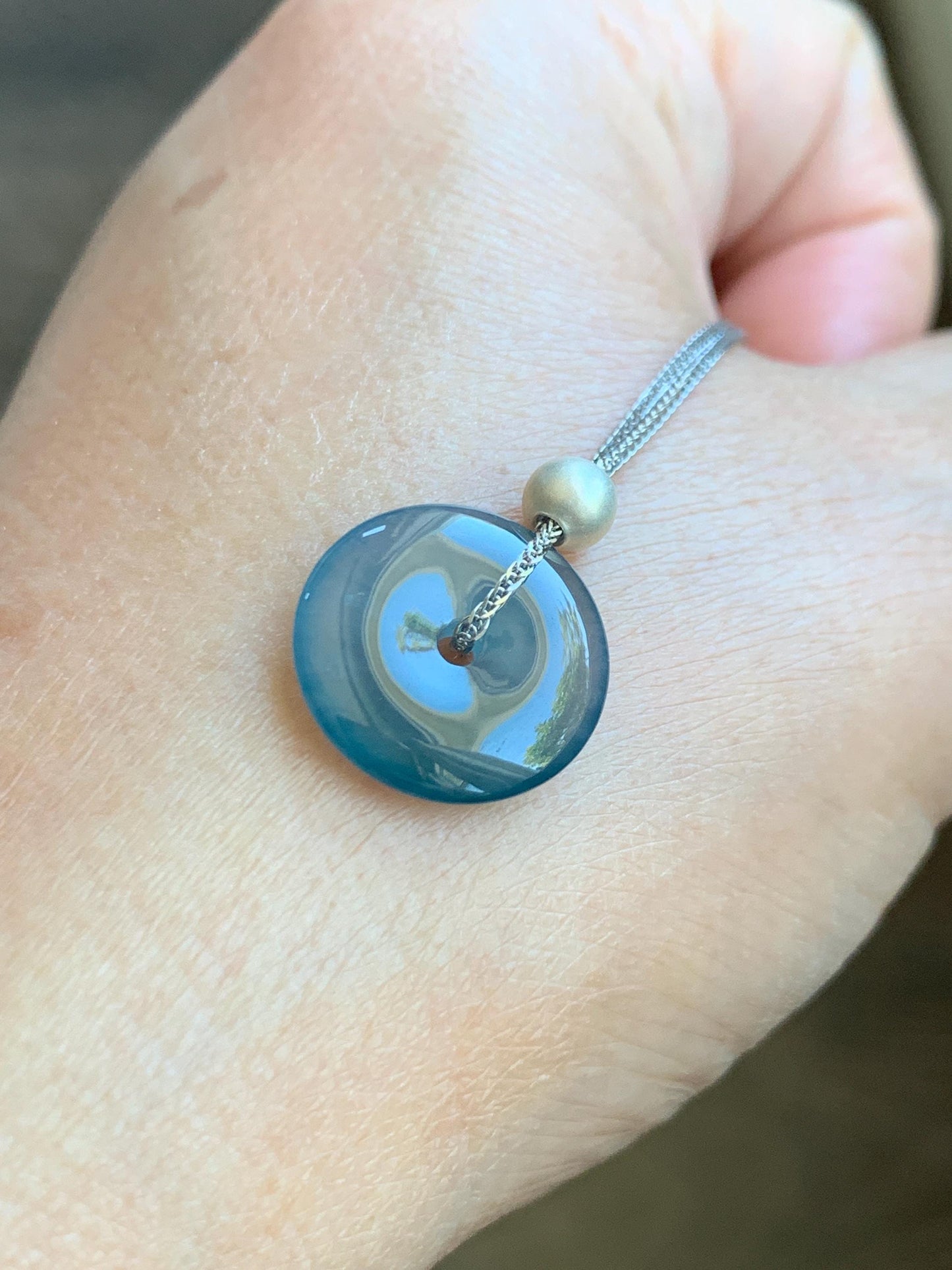 Natural Guatemalan Icy Translucent Dark Blue Jade Jadeite Ping An Kou Donut Pendant Sterling Silver Necklace 16” 天然老种冰危蓝紫翡翠平安扣吊坠项链 MWK130A
