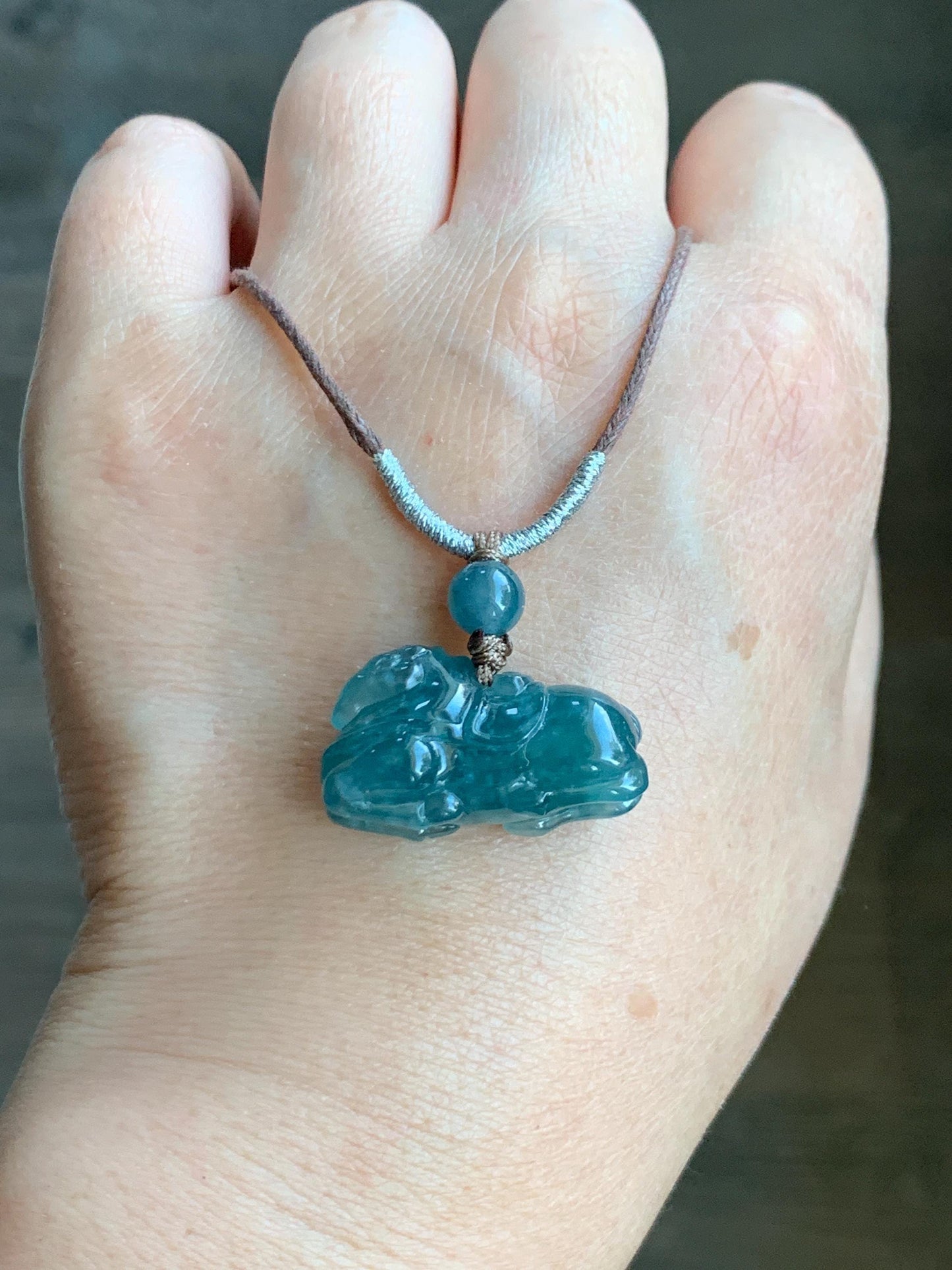 Natural Grade A Guatemalan Icy Translucent Teal Blue Jadeite Carved Tang Horse Pendant Rope Necklace 24" 10g 天然冰胶白冰翡翠唐马吊坠挂件 WLTM138A
