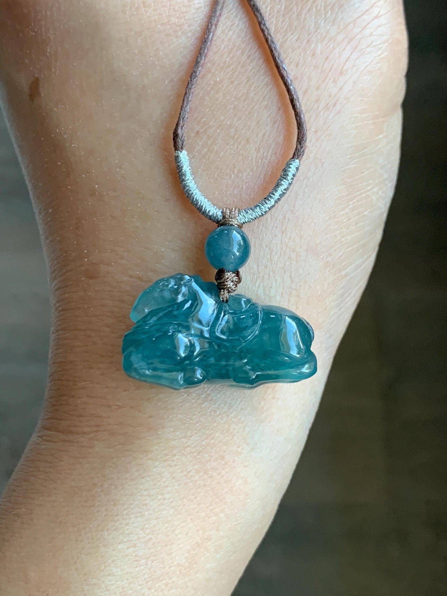 Natural Grade A Guatemalan Icy Translucent Teal Blue Jadeite Carved Tang Horse Pendant Rope Necklace 24" 10g 天然冰胶白冰翡翠唐马吊坠挂件 WLTM138A