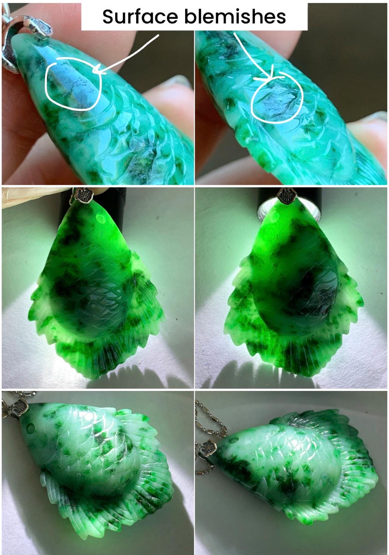 Natural Grade A Icy Translucent Jadeite Fish Pendant: Sterling Silver Bail, Apple Green Dark Green Marbled Jade 天然果绿飘花翡翠鱼吊坠 MLW220B