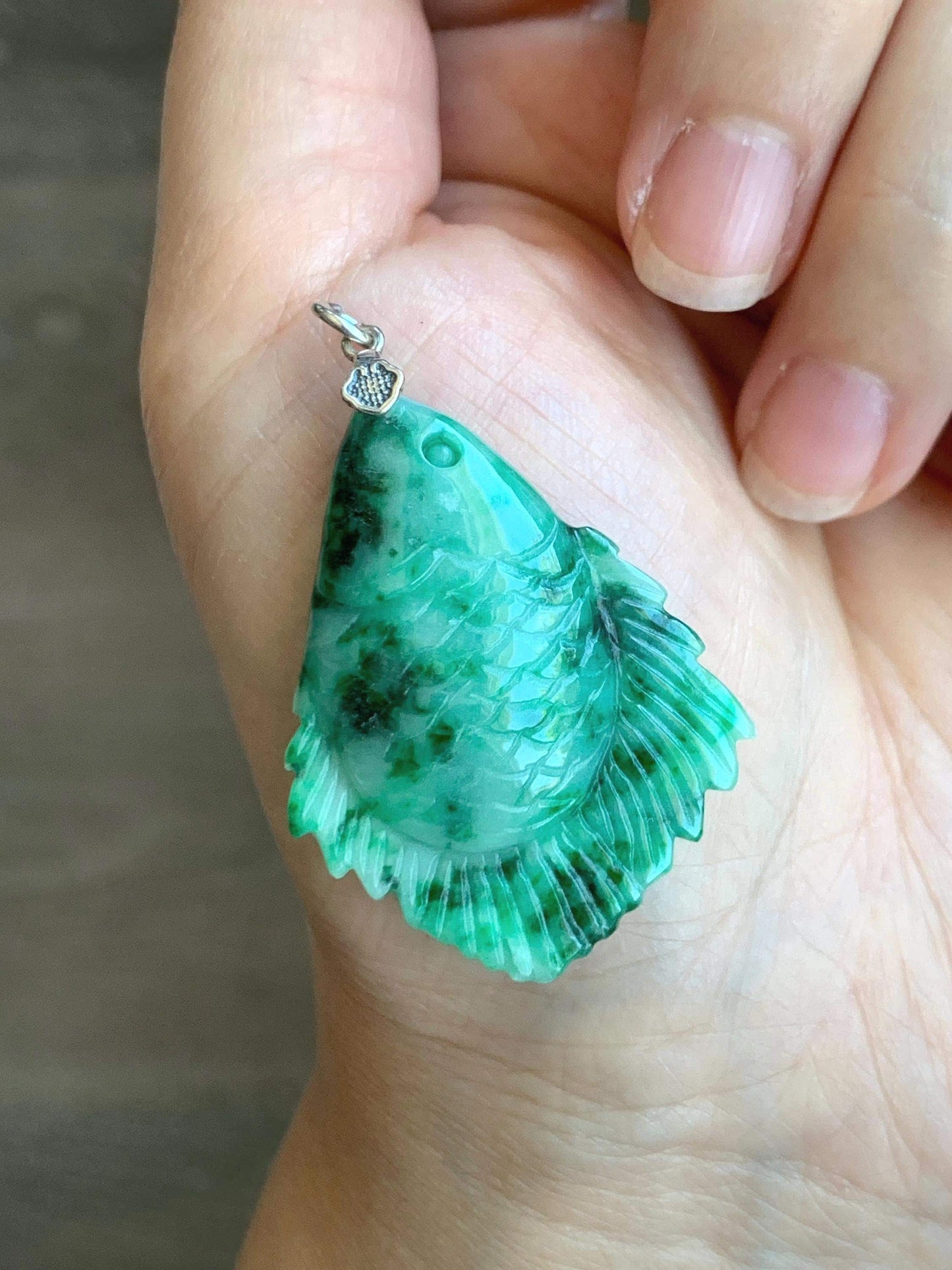 Natural Grade A Icy Translucent Jadeite Fish Pendant: Sterling Silver Bail, Apple Green Dark Green Marbled Jade 天然果绿飘花翡翠鱼吊坠 MLW220B