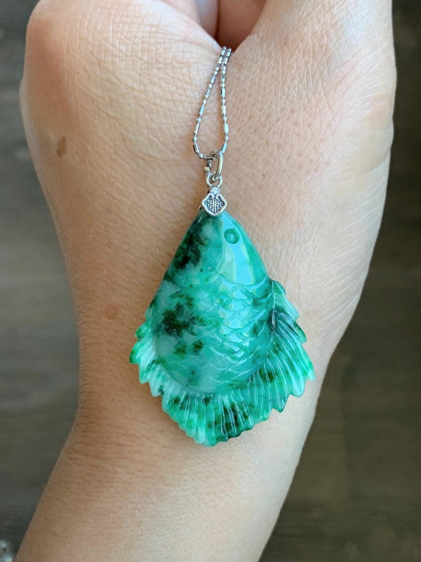 Natural Grade A Icy Translucent Jadeite Fish Pendant: Sterling Silver Bail, Apple Green Dark Green Marbled Jade 天然果绿飘花翡翠鱼吊坠 MLW220B