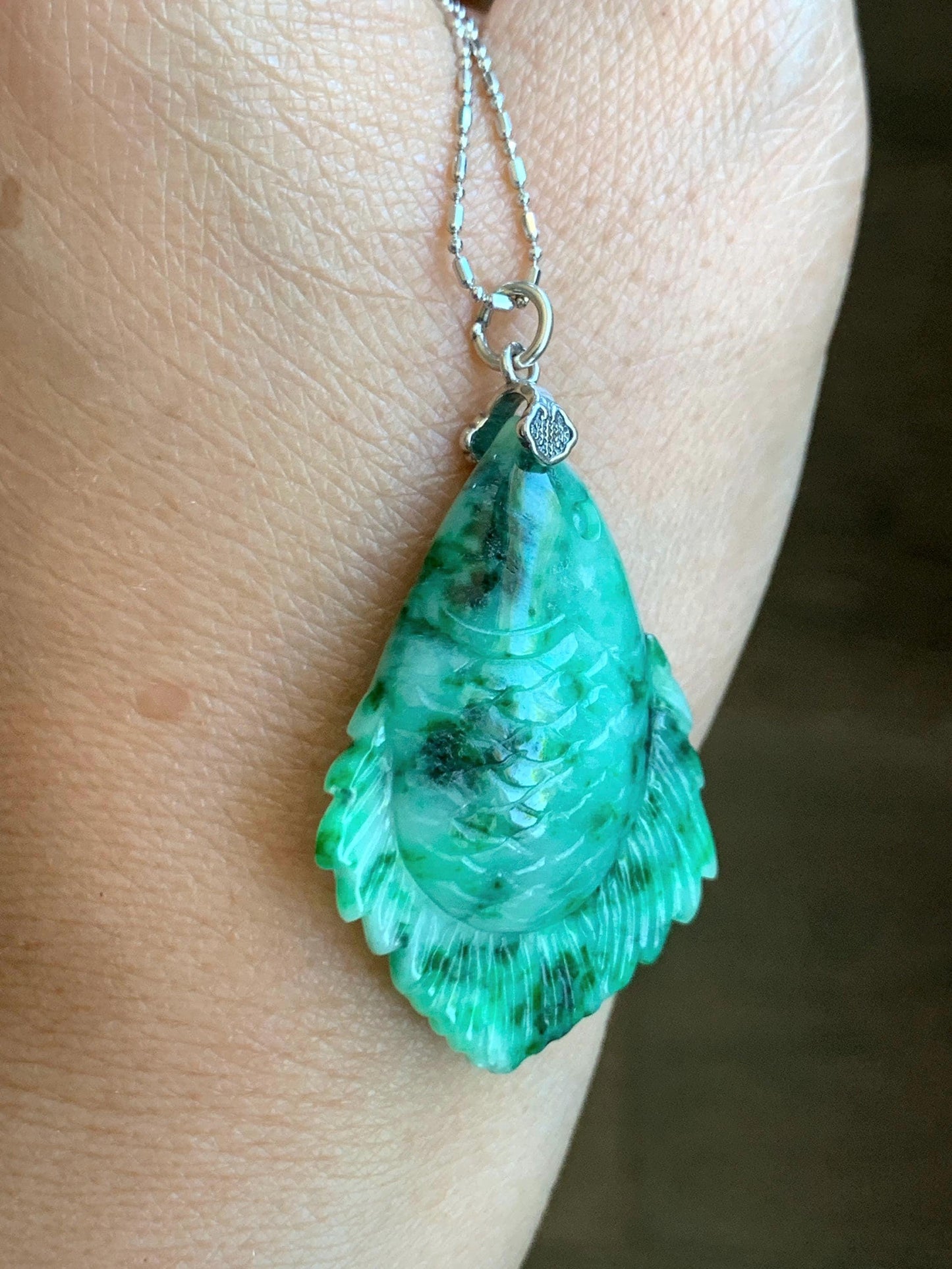 Natural Grade A Icy Translucent Jadeite Fish Pendant: Sterling Silver Bail, Apple Green Dark Green Marbled Jade 天然果绿飘花翡翠鱼吊坠 MLW220B