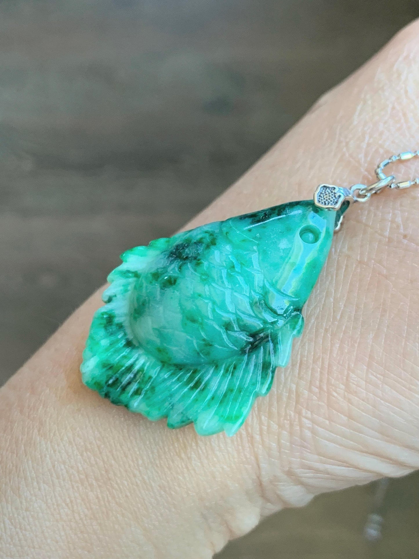 Natural Grade A Icy Translucent Jadeite Fish Pendant: Sterling Silver Bail, Apple Green Dark Green Marbled Jade 天然果绿飘花翡翠鱼吊坠 MLW220B