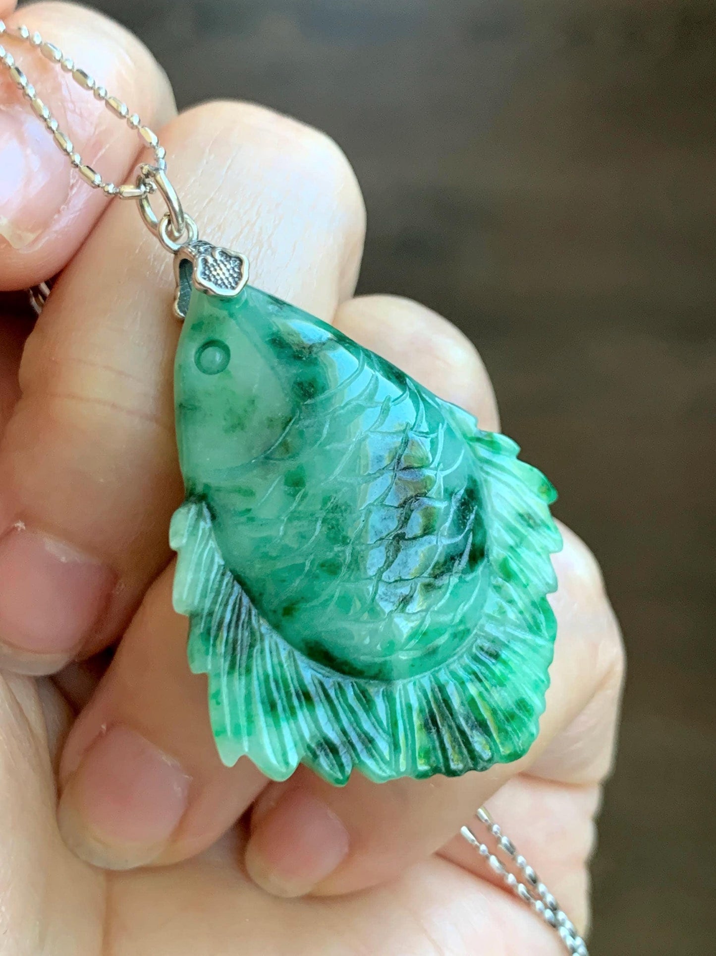 Natural Grade A Icy Translucent Jadeite Fish Pendant: Sterling Silver Bail, Apple Green Dark Green Marbled Jade 天然果绿飘花翡翠鱼吊坠 MLW220B
